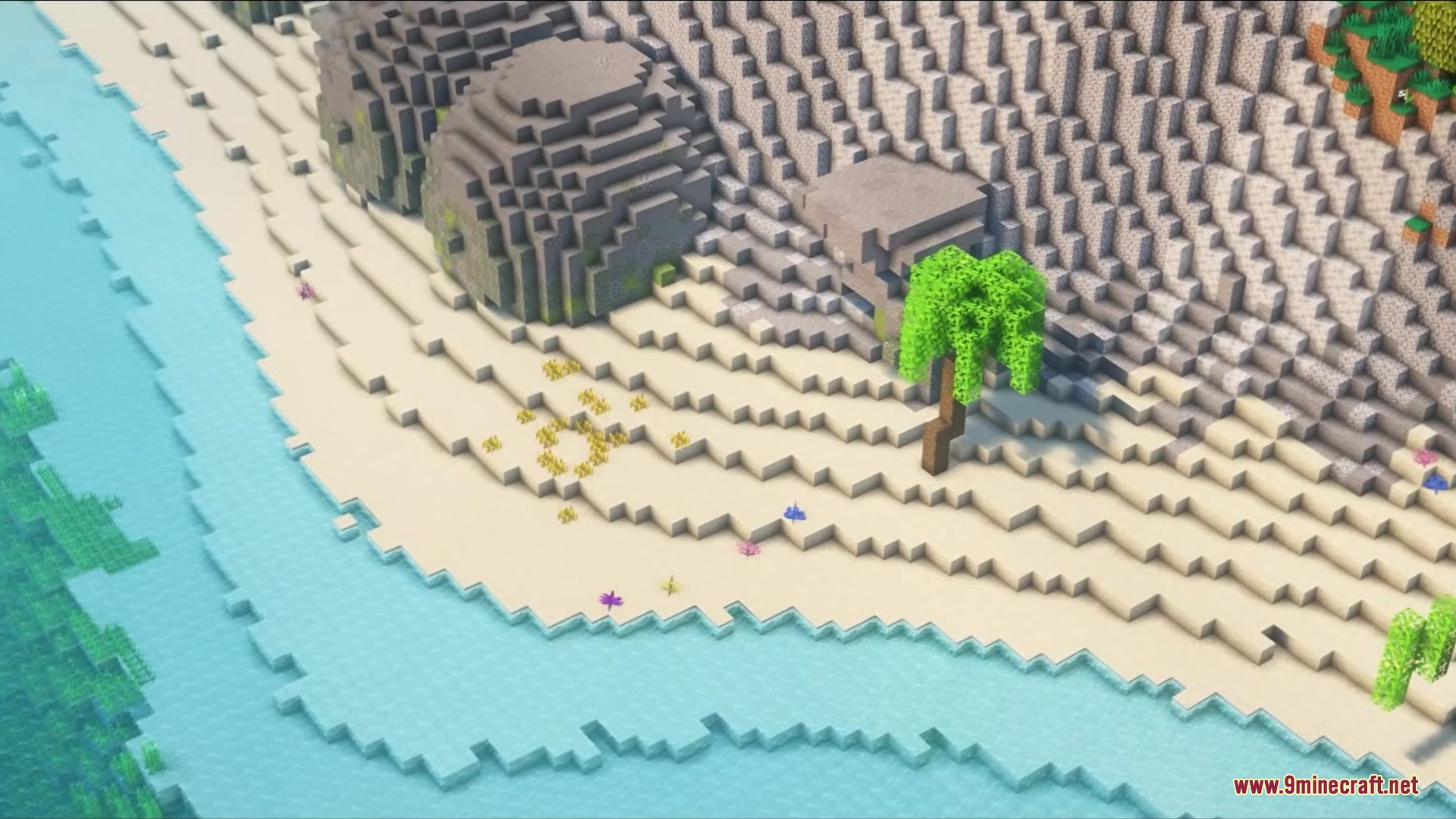 Hydrological Mod Screenshot 8 A high angle view of a cubical beach with custom trees and cliffs