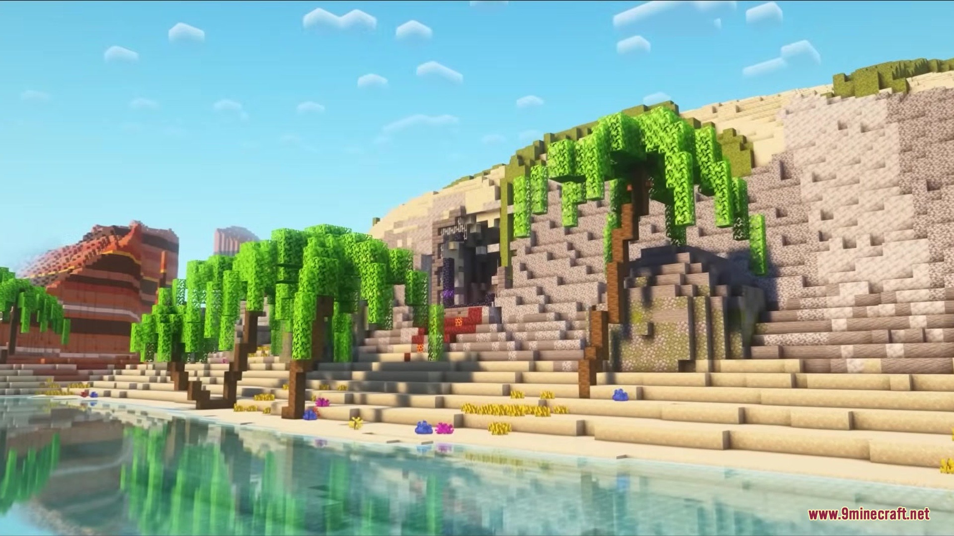Hydrological Mod Screenshot 9 Tropical beach with custom palm trees and colorful coral near a cave