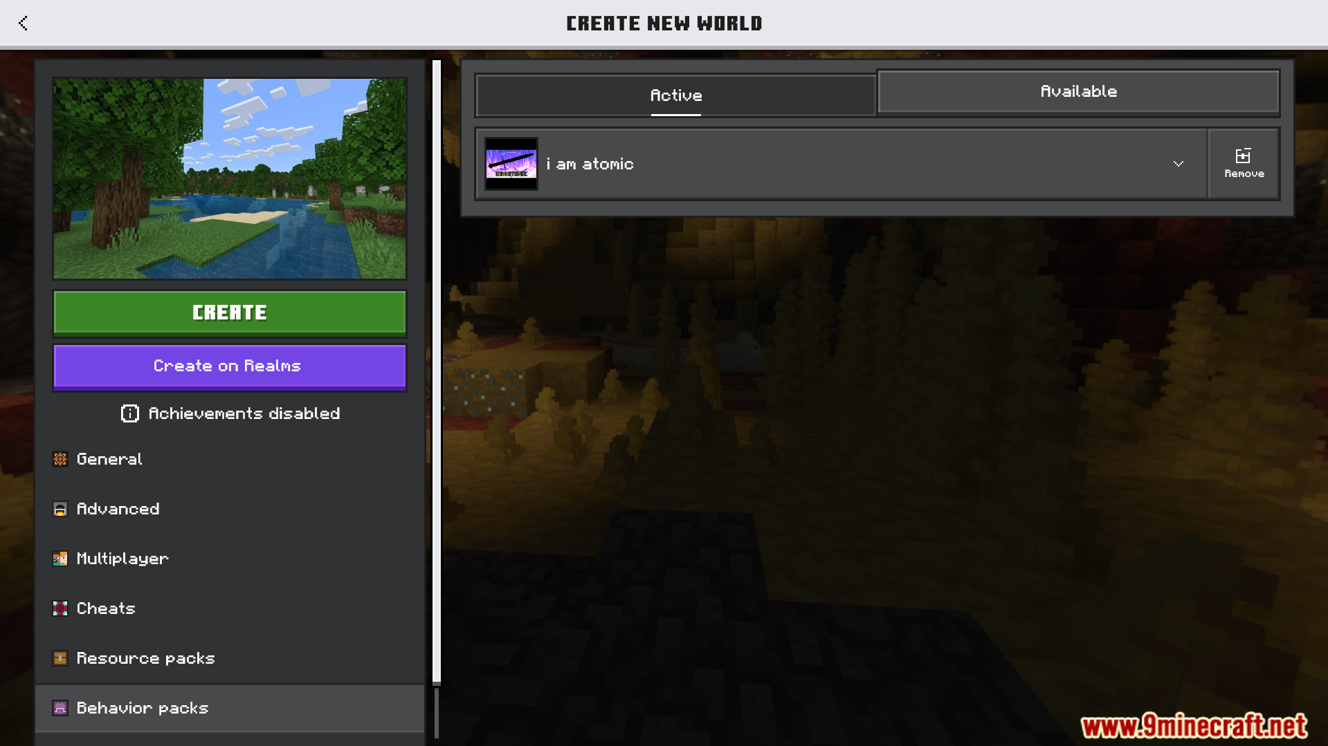 I Am Atomic Addon Screenshot 1 Minecraft world creation menu showing the I Am Atomic Addon behavior pack active