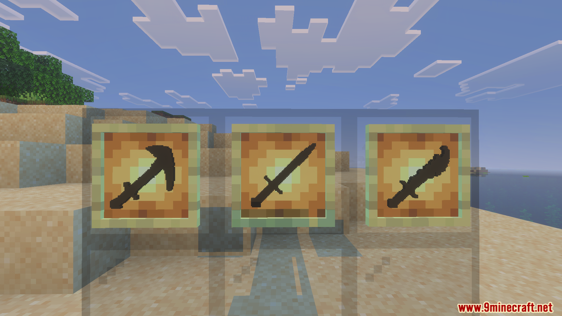 I Am Atomic Addon Screenshot 2 Three dark shadow weapons including a scythe and swords inside item frames
