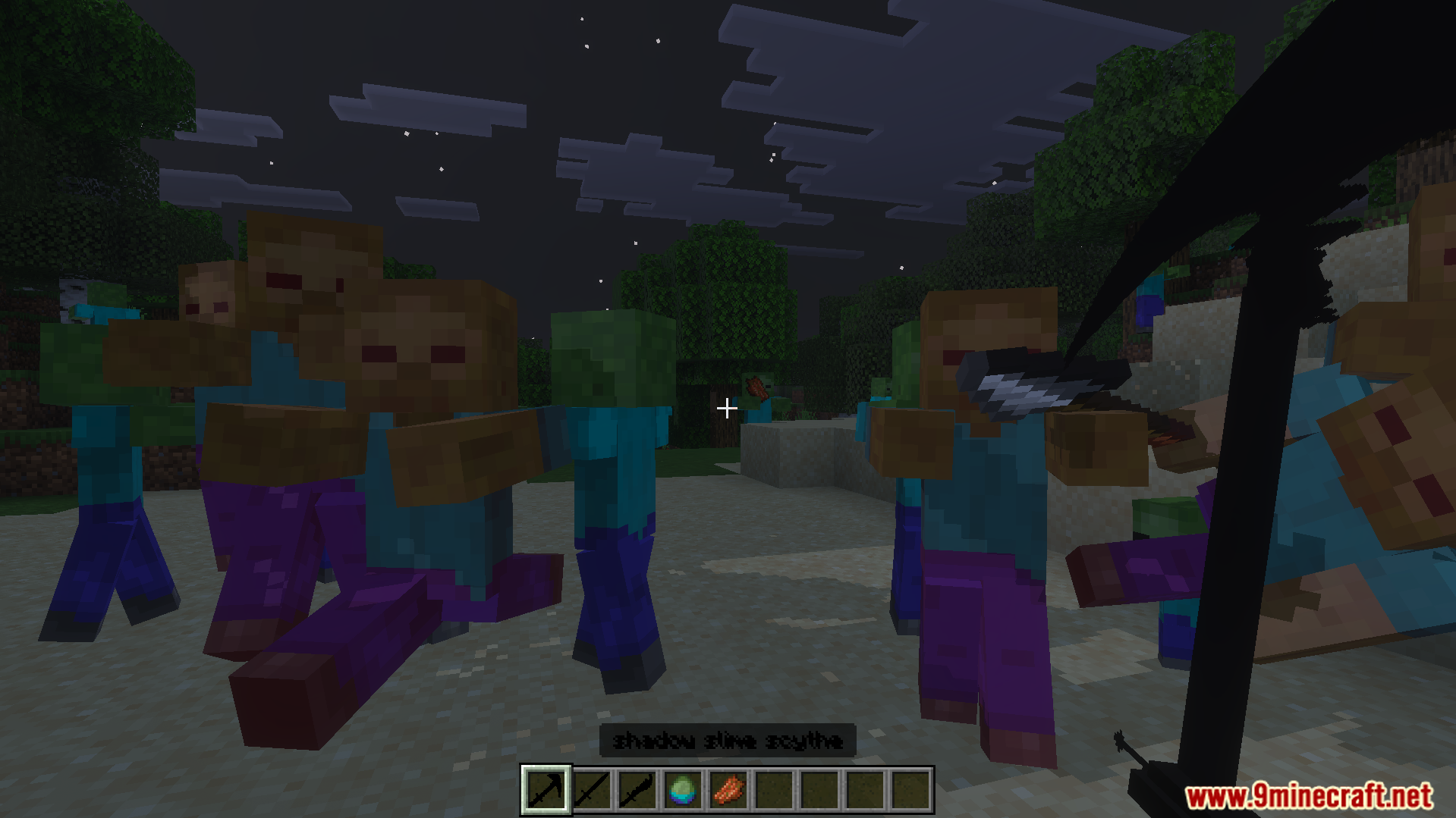 I Am Atomic Addon Screenshot 8 Fighting a group of zombies with a powerful shadow slime scythe weapon