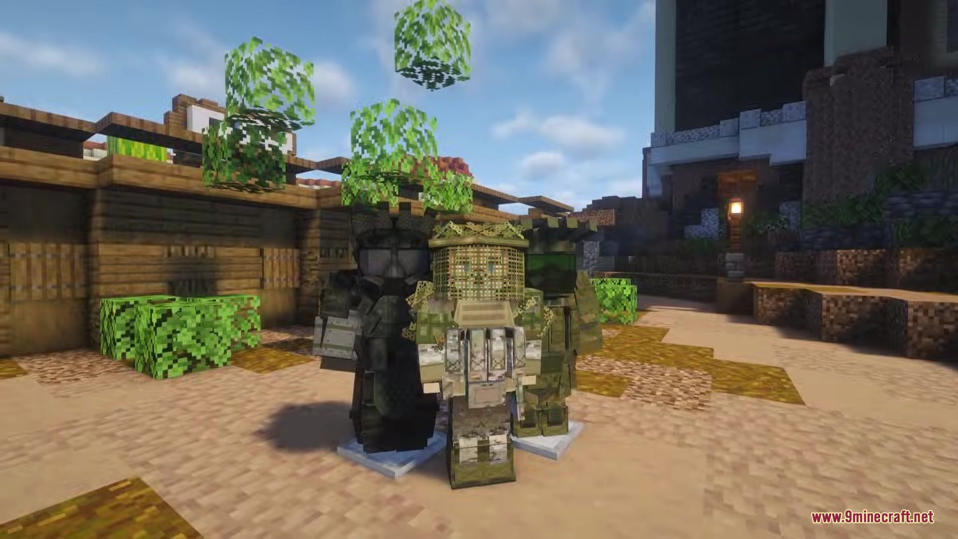 Three military uniforms displayed on armor stands in a Minecraft village