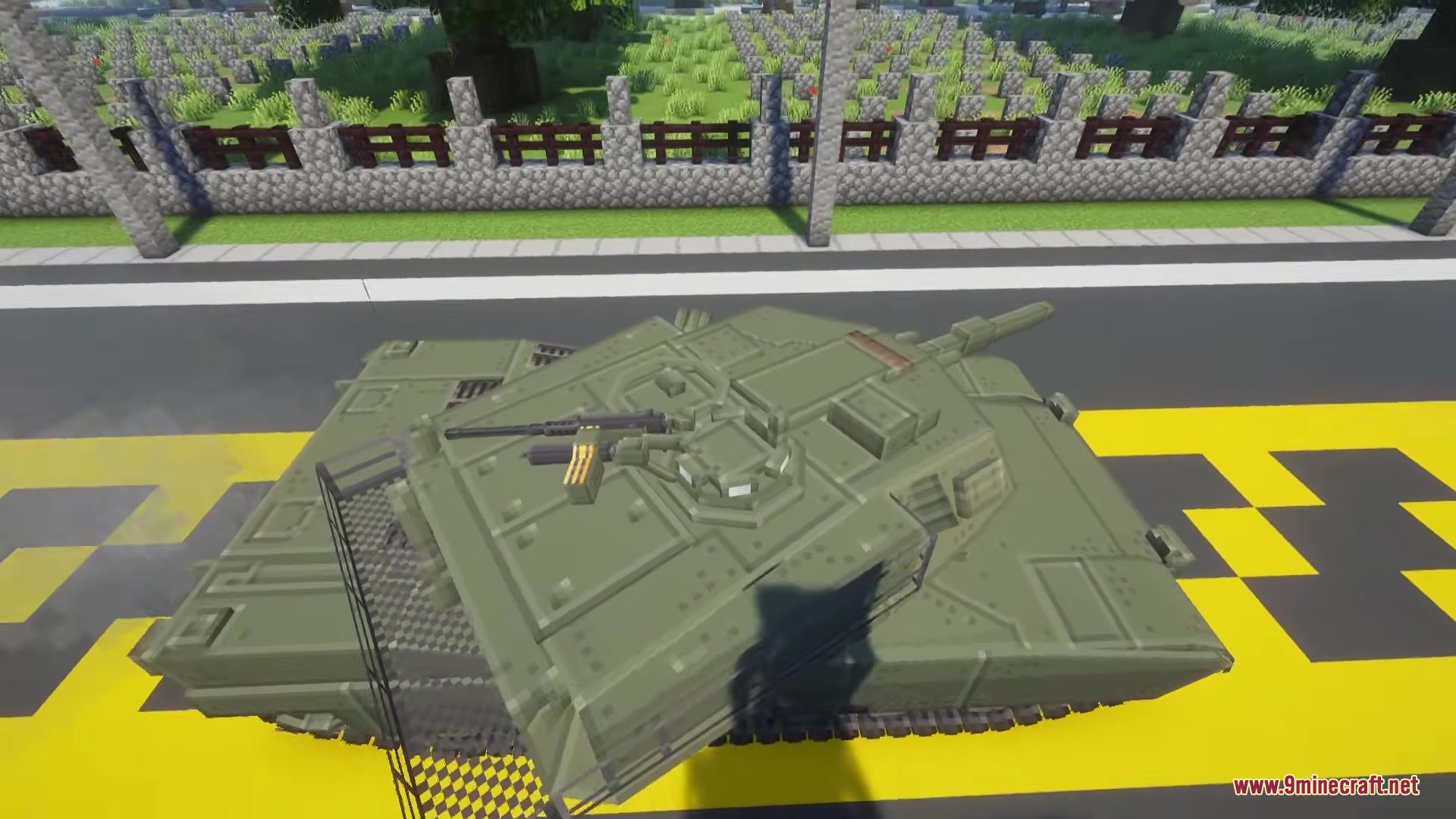 Top view of a green military tank on a road in Minecraft