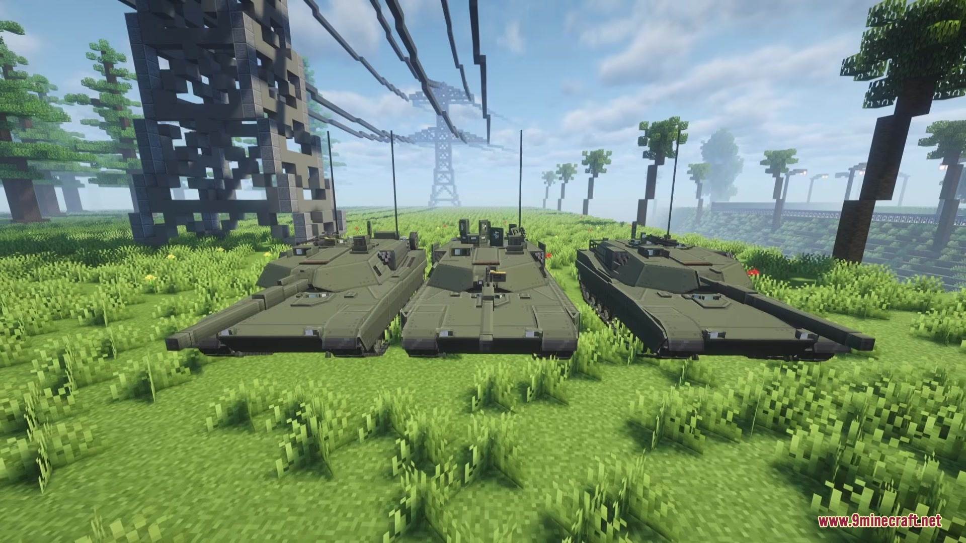 Military tanks from the World in Conflict mod parked in a field