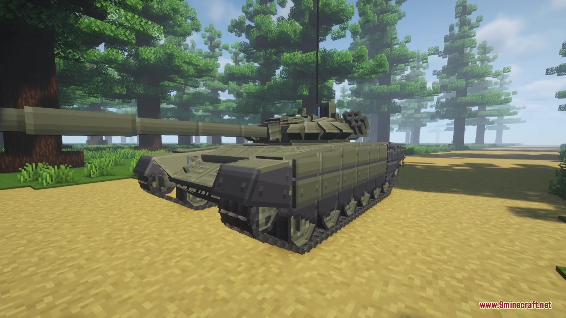 A green military tank parked on a dirt path surrounded by trees