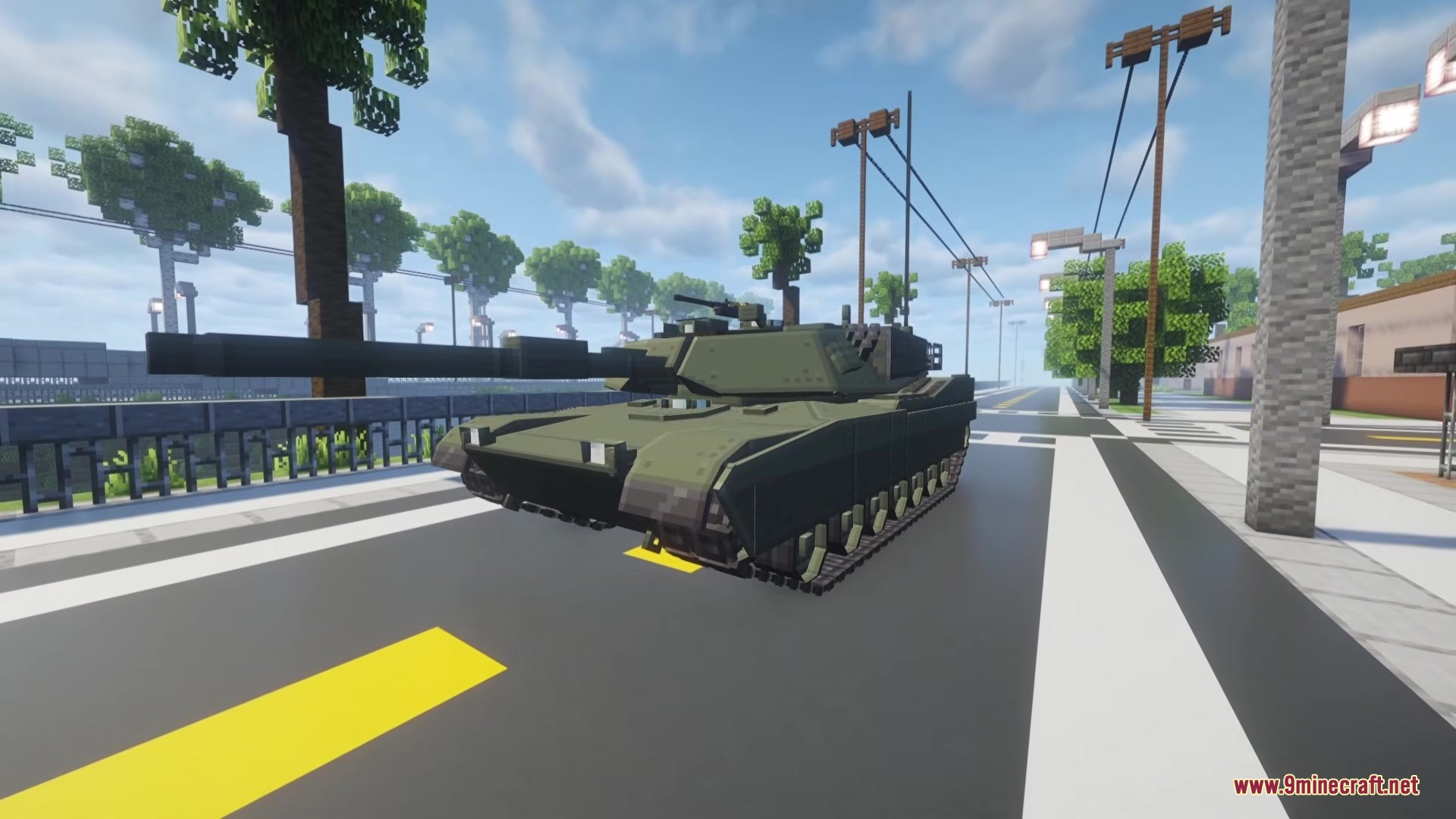 A green military tank parked on a paved city street in Minecraft