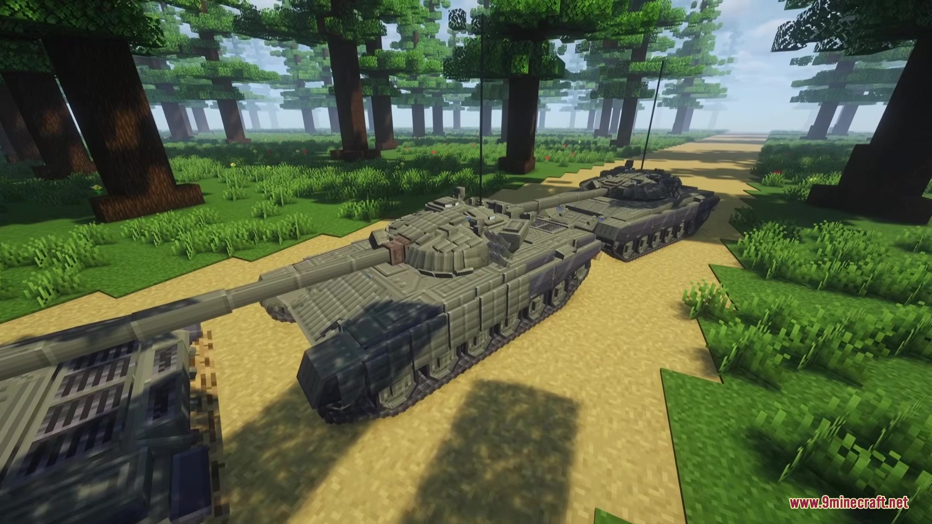Several military tanks driving along a dirt path through a Minecraft forest