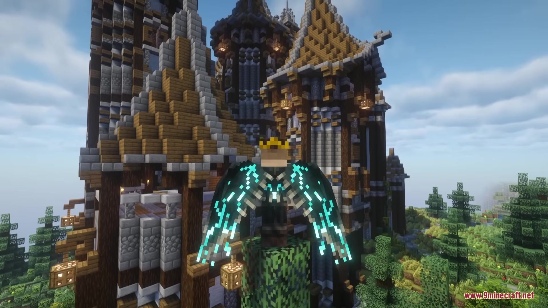Icarus Re Winged Mod Screenshot 3 A player wearing glowing cyan wings stands before a massive medieval castle