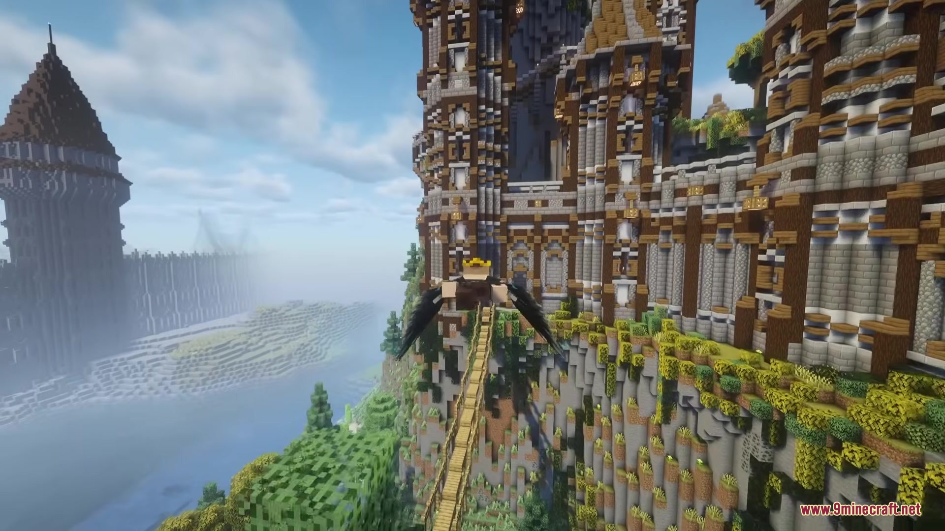 Icarus Re Winged Mod Screenshot 4 A player flies with dark wings over a bridge towards a cliffside fortress