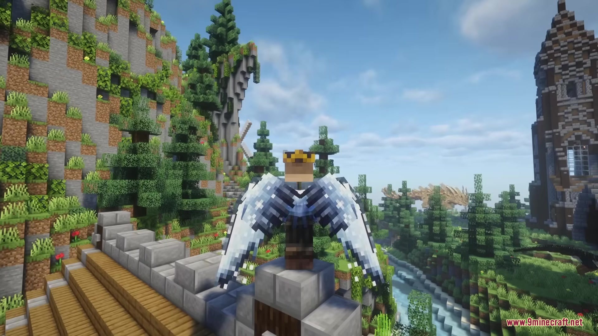 Icarus Re Winged Mod Screenshot 5 A Minecraft character wearing white feathered wings stands on a stone wall