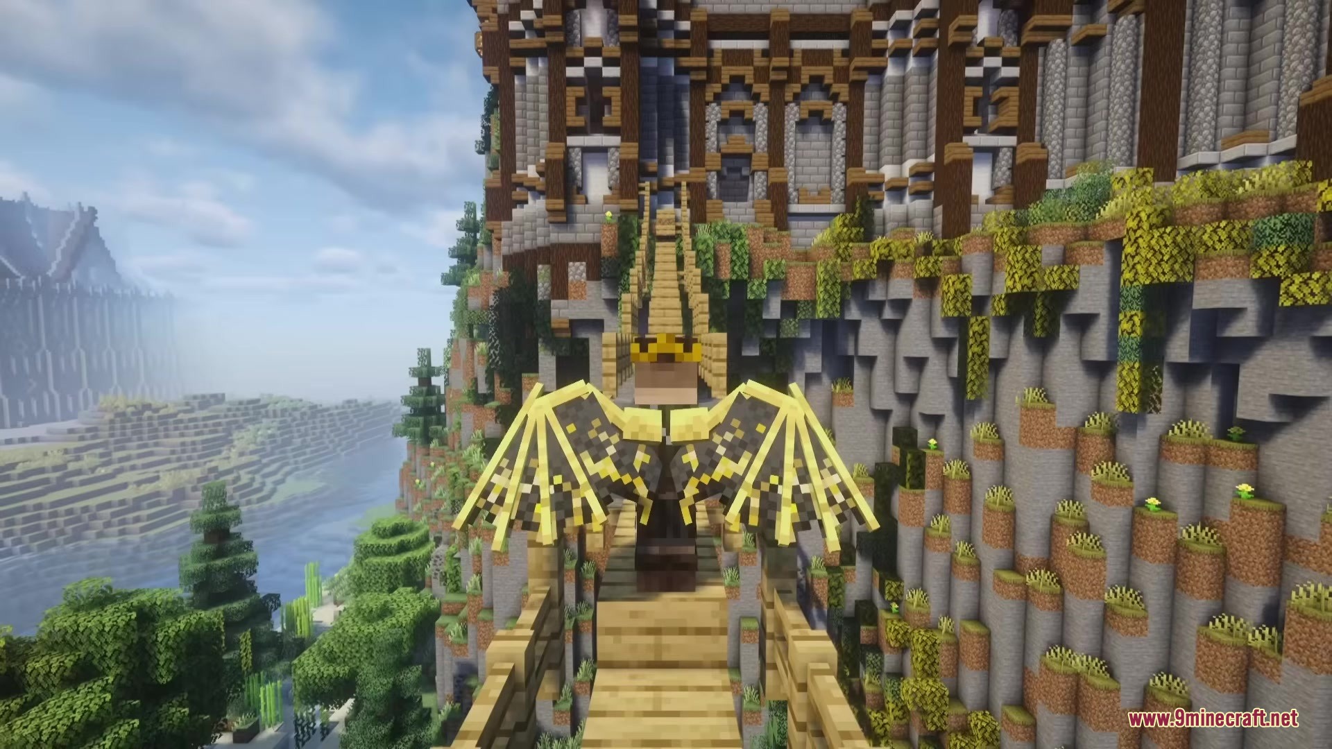 Icarus Re Winged Mod Screenshot 6 A player wearing golden wings stands on a wooden bridge near a large building