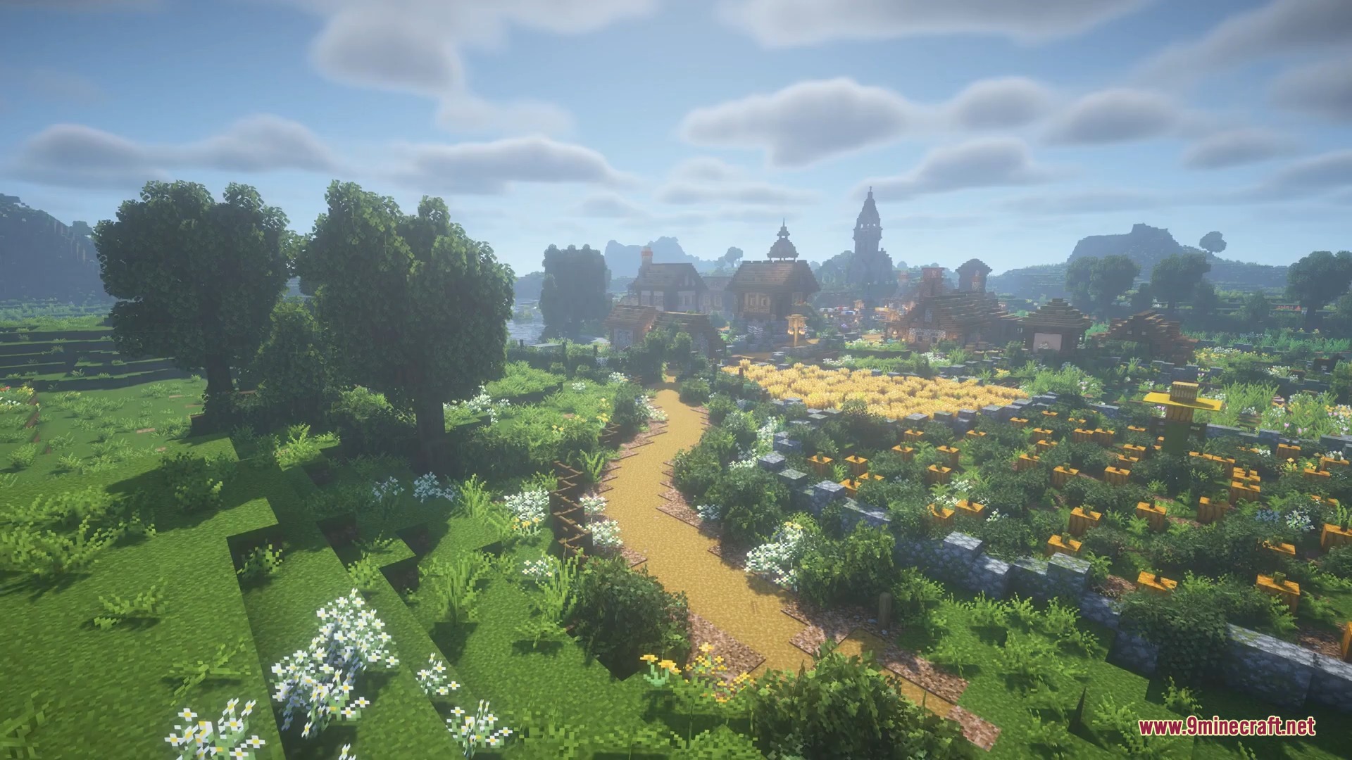 Ice and Fire Dragons 9minecraft Mod Screenshot 1 A peaceful Minecraft village with wheat fields and a winding dirt path
