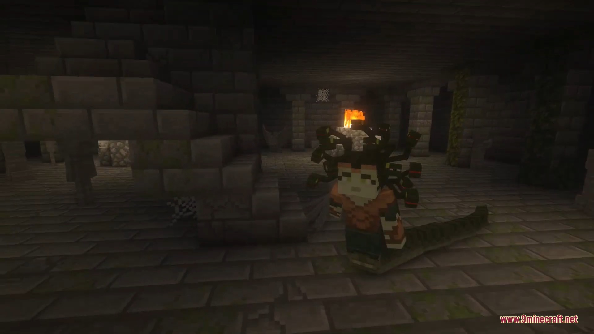 Ice and Fire Dragons 9minecraft Mod Screenshot 10 A mythical Gorgon with snake hair slithers through a dark stone dungeon