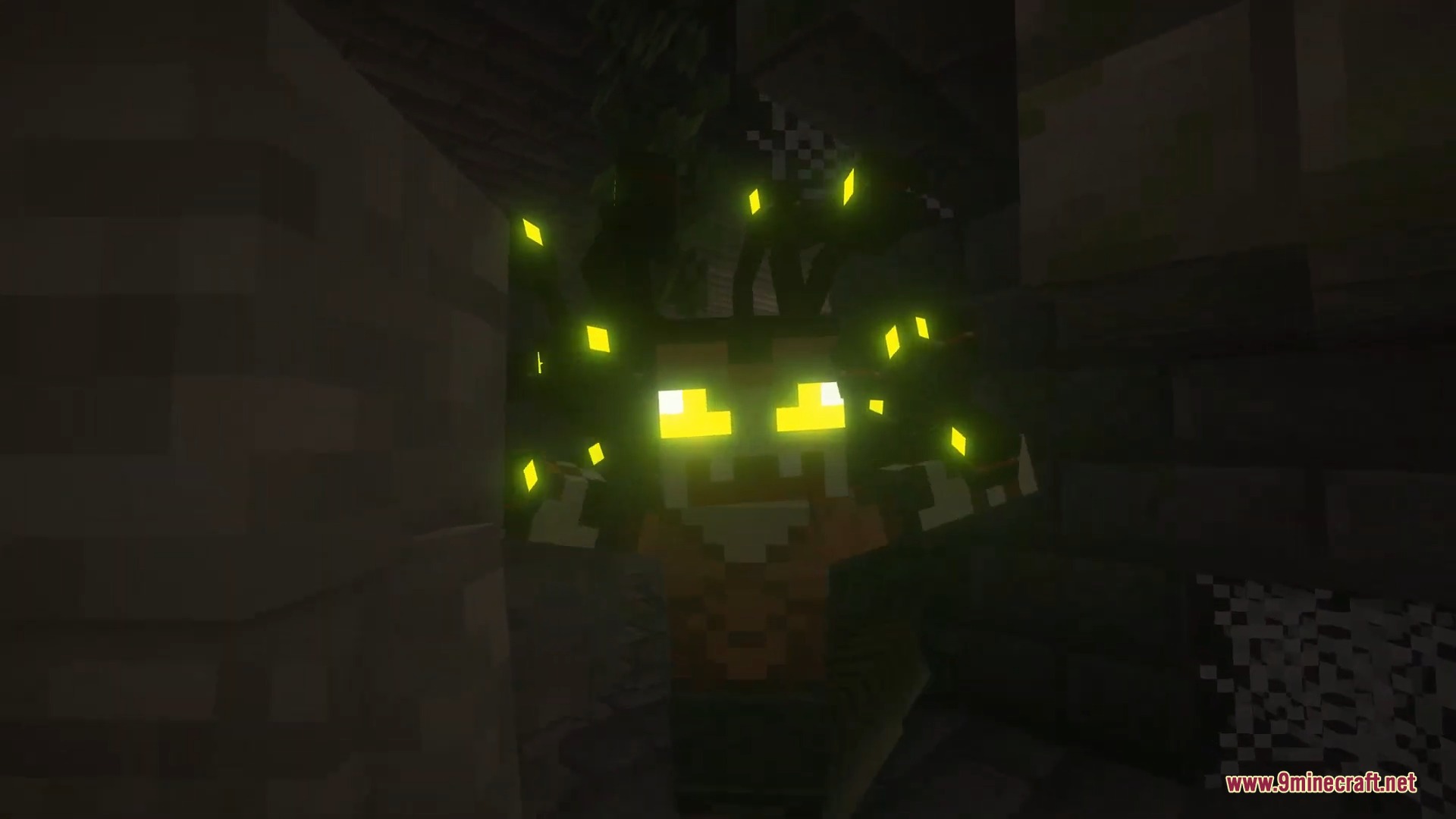 Ice and Fire Dragons 9minecraft Mod Screenshot 11 A mythical Gorgon with glowing yellow eyes and snake hair in the dark