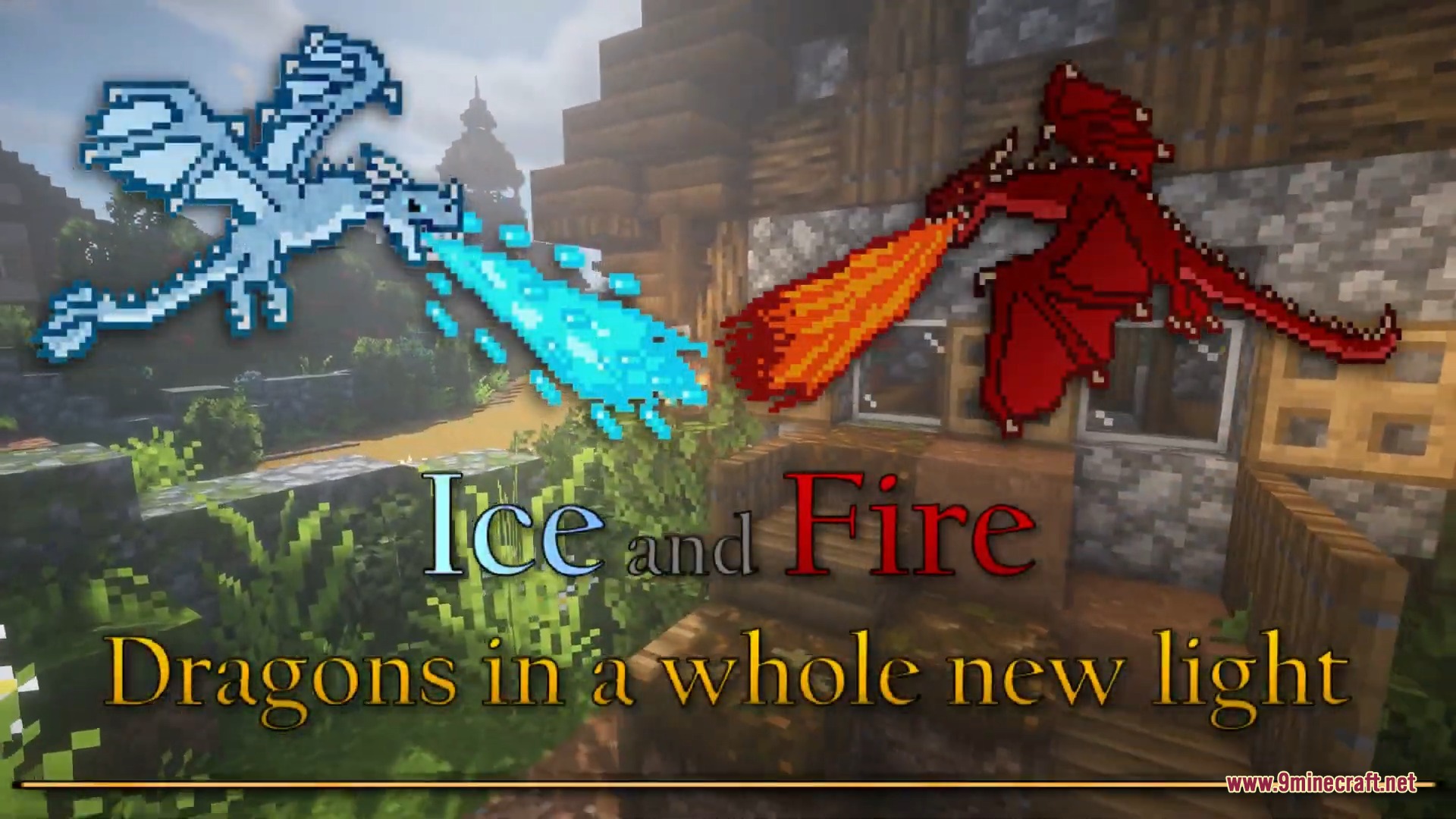 Ice and Fire Dragons 9minecraft Mod Screenshot 2 Ice and Fire dragons breathing ice and fire over a wooden house