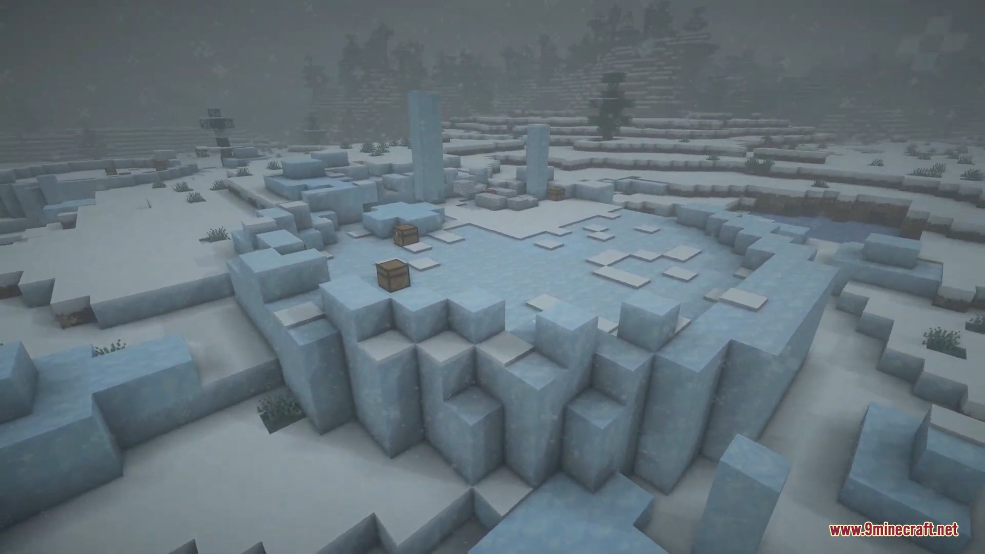 Ice and Fire Dragons 9minecraft Mod Screenshot 5 A snowy Minecraft landscape featuring ice structures and chests near a frozen pond