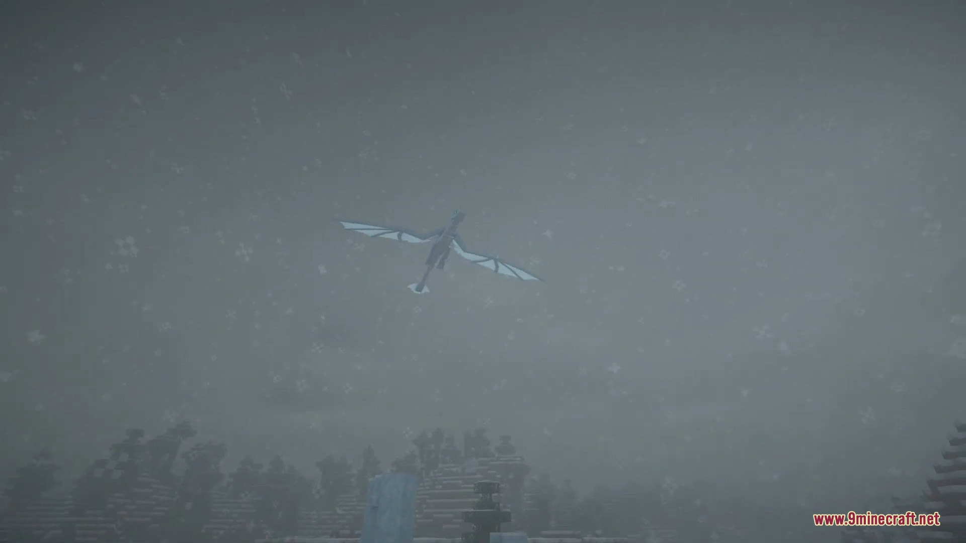 Ice and Fire Dragons 9minecraft Mod Screenshot 6 An ice dragon soaring through a foggy and snowy Minecraft sky during winter