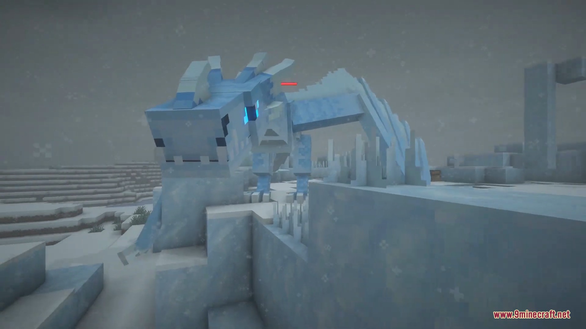 Ice and Fire Dragons 9minecraft Mod Screenshot 7 A massive light blue ice dragon standing in a snowy Minecraft mountain biome