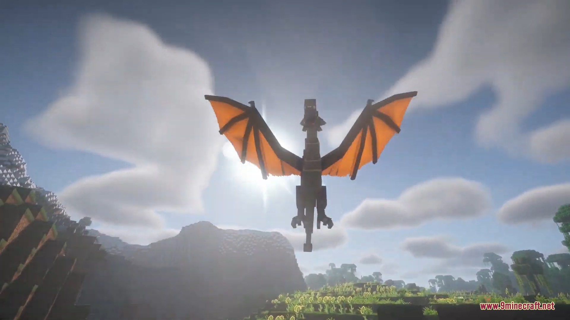 Ice and Fire Dragons 9minecraft Mod Screenshot 8 A black fire dragon with orange wings soaring through the bright sunny sky