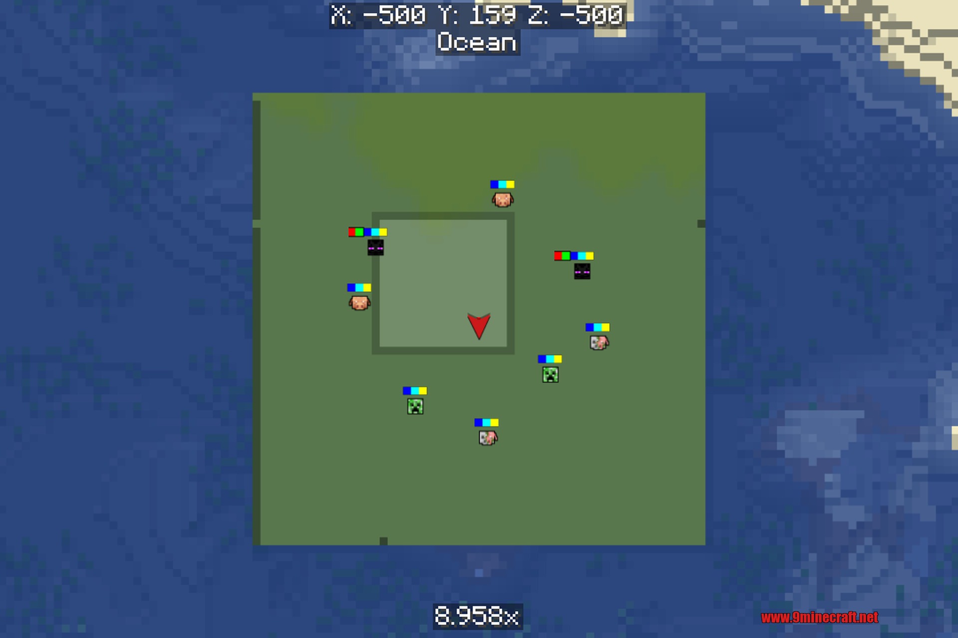 The full-screen Xaero's world map covered in custom mob icons around the player