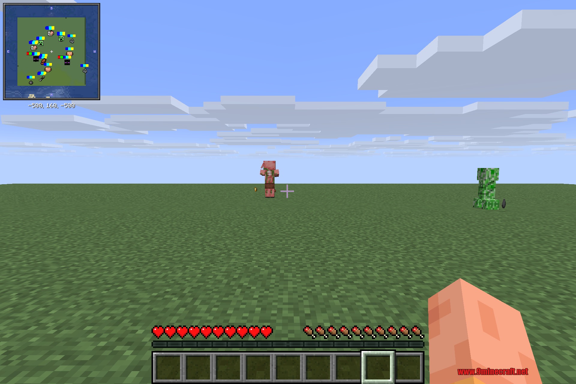 First-person view with the minimap showing custom icons for nearby mobs