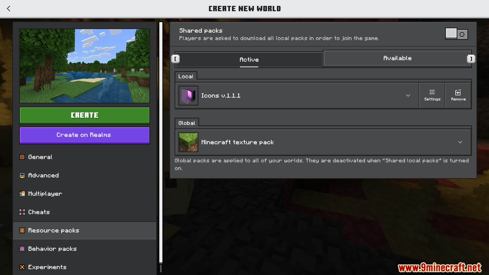 Resource pack menu in Minecraft Bedrock showing the active Icons texture pack