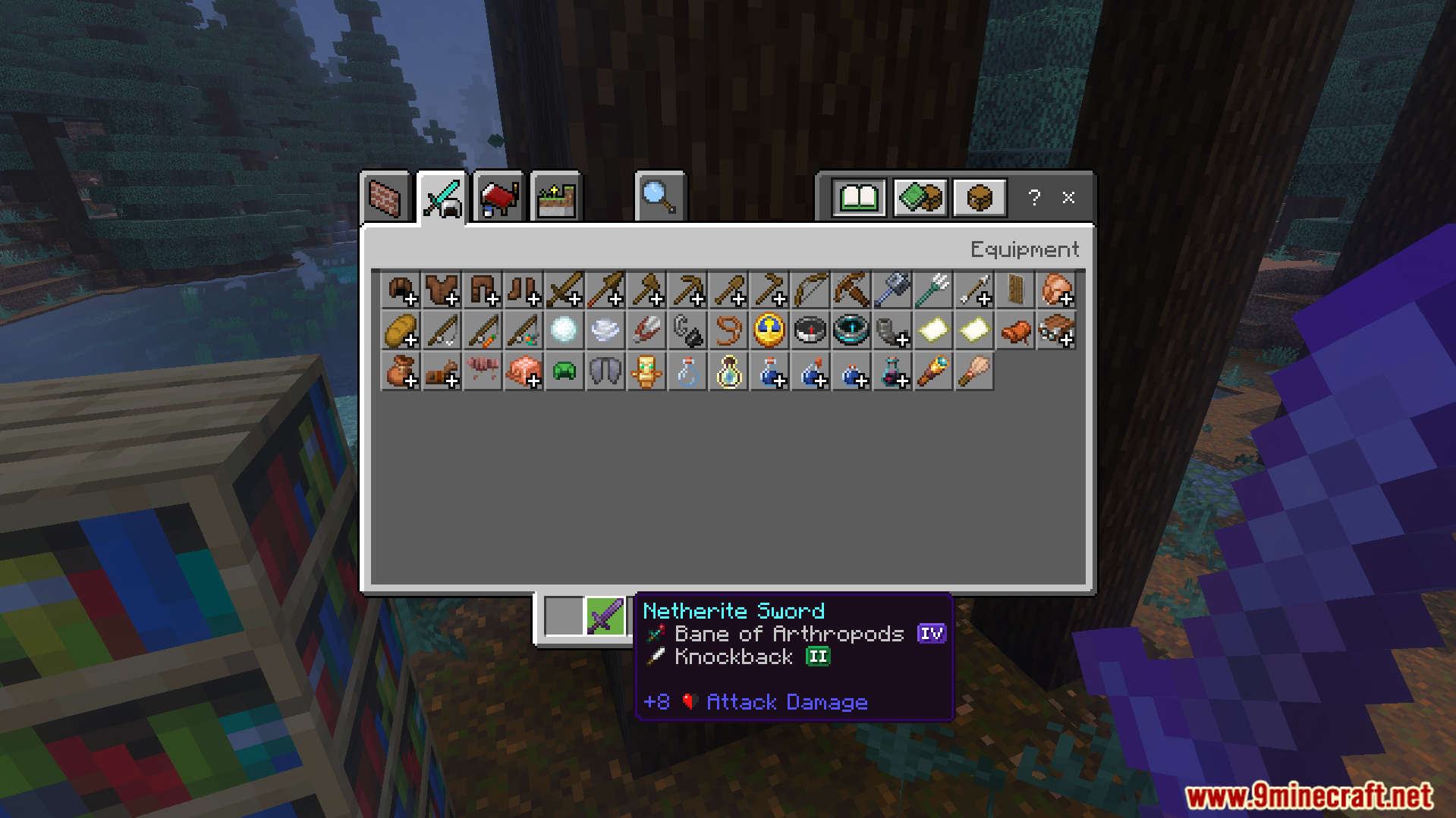 Inventory screen showing a netherite sword with custom icons for its enchantments