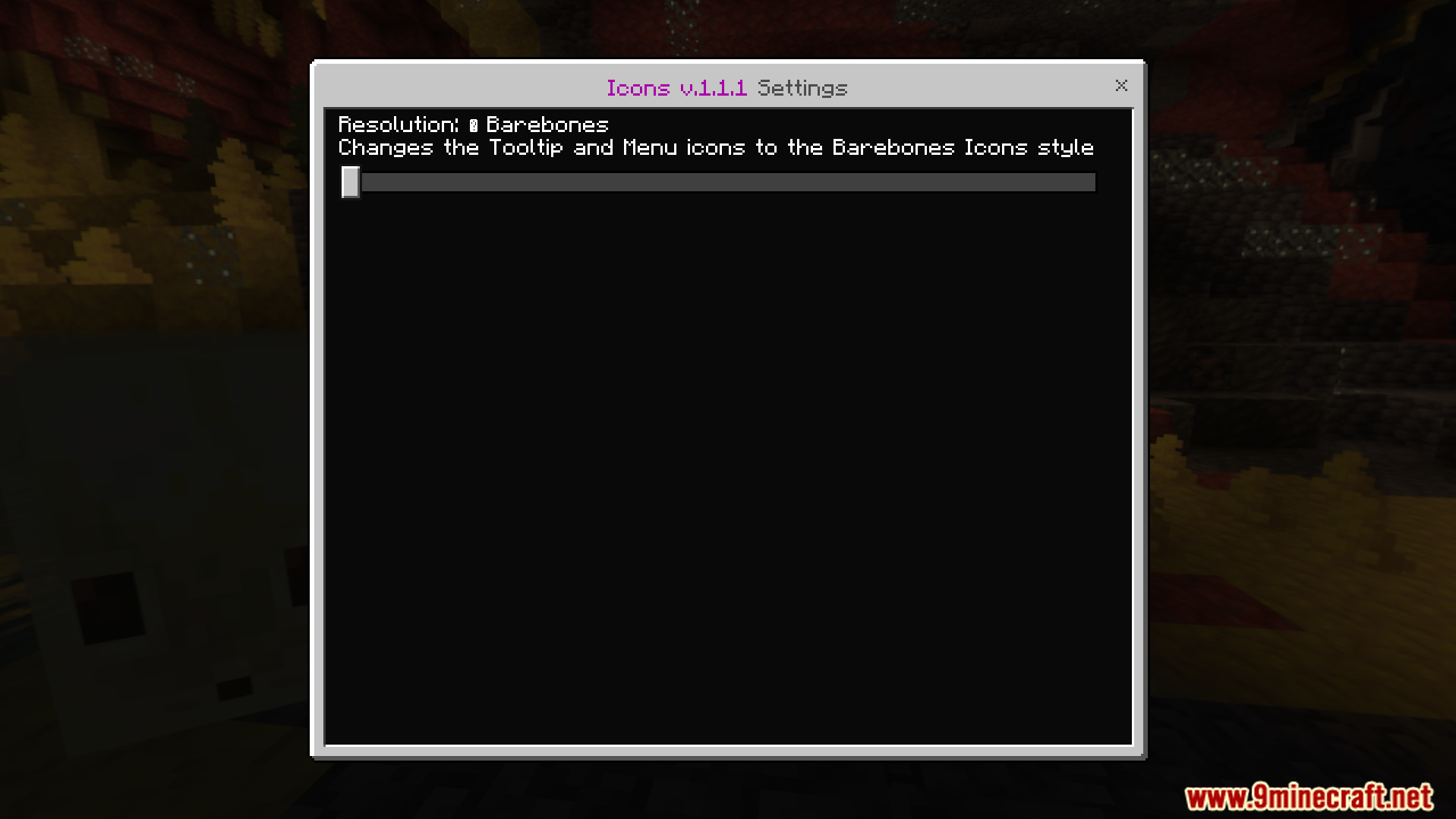 Settings window with a slider to change the resolution for menu symbols