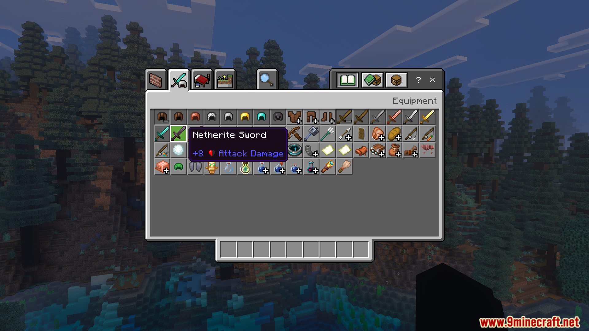 Inventory screen displaying a netherite sword with a custom attack damage icon