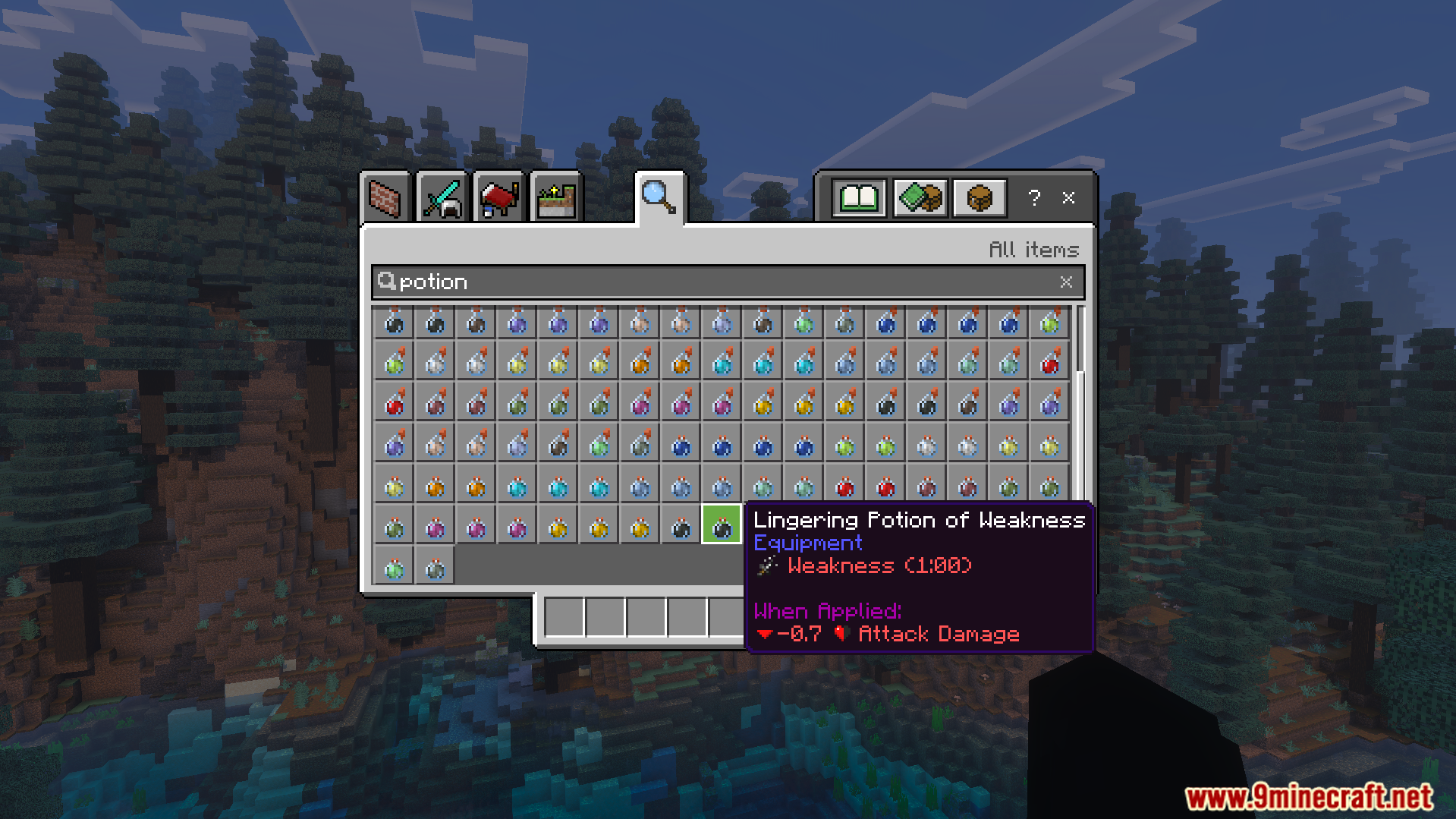 Potion of weakness tooltip showing custom icons in the Minecraft creative inventory screen