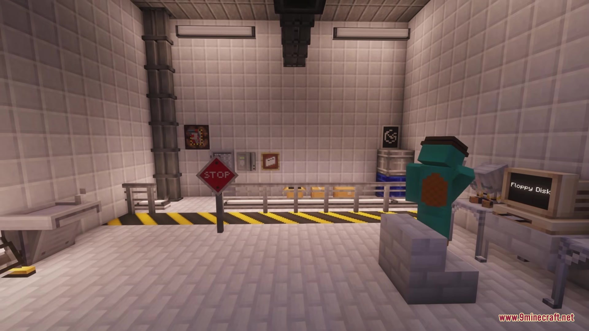 Iden's Decor Mod Screenshot 1 A character stands in a modern industrial office room with a computer monitor