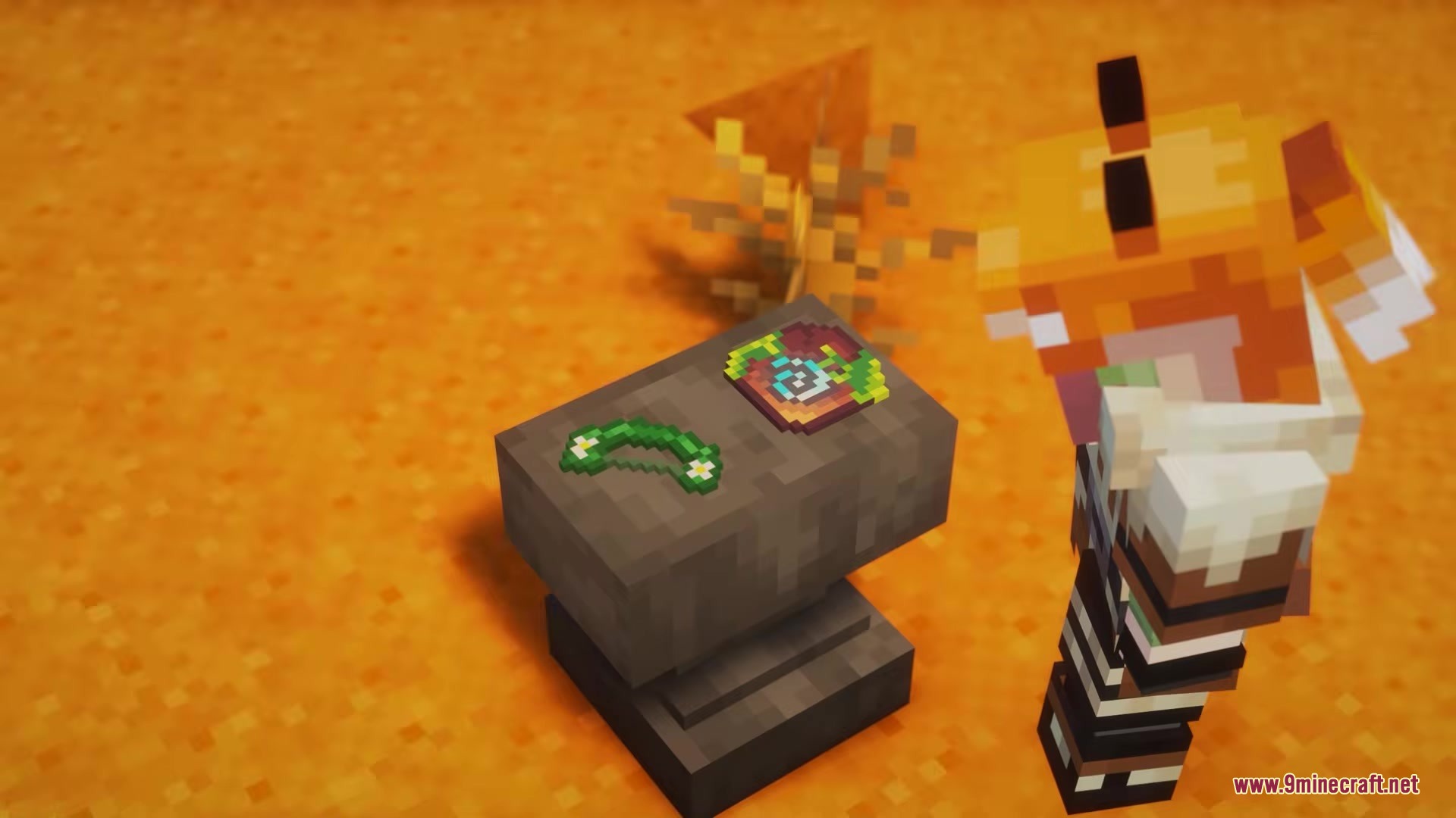 Iden's Decor Mod Screenshot 7 A fox character looks at decorative items placed on a stone anvil