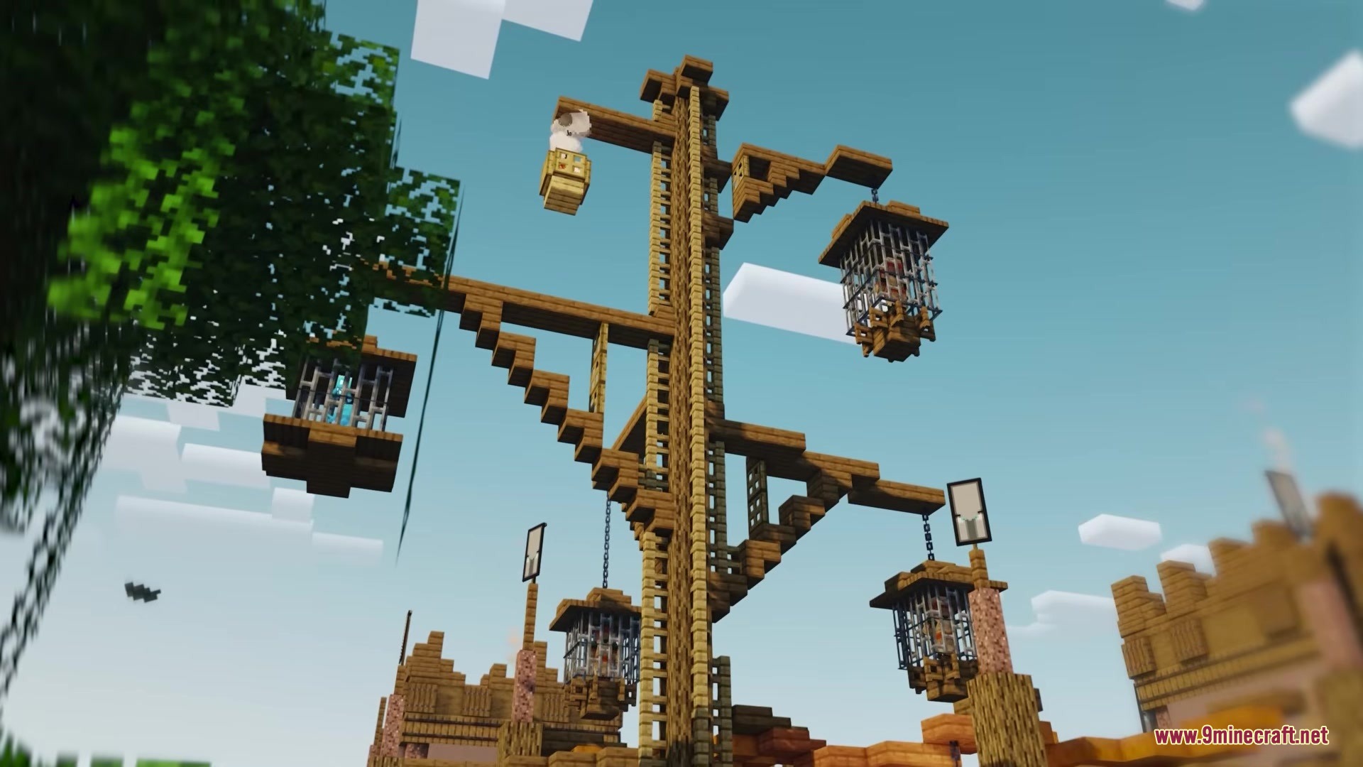 Illager Arena Mod Screenshot 2 Captured Villagers and Allays trapped in cages hanging from a tall wooden pole