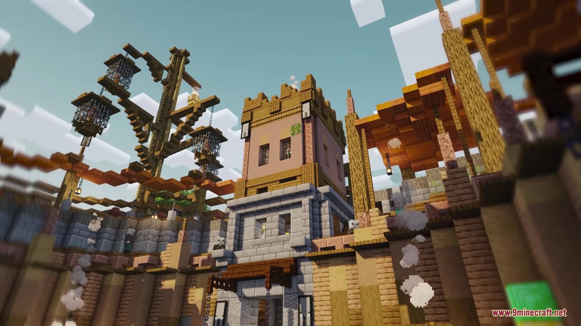 Illager Arena Mod Screenshot 3 A view of the interior walls and towers of a massive desert colosseum