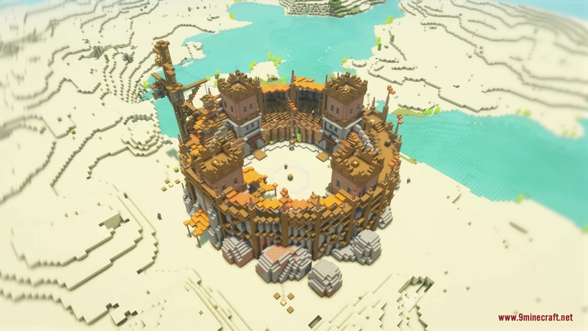 Illager Arena Mod Screenshot 4 Aerial perspective of the massive Illager Arena structure located in a desert biome