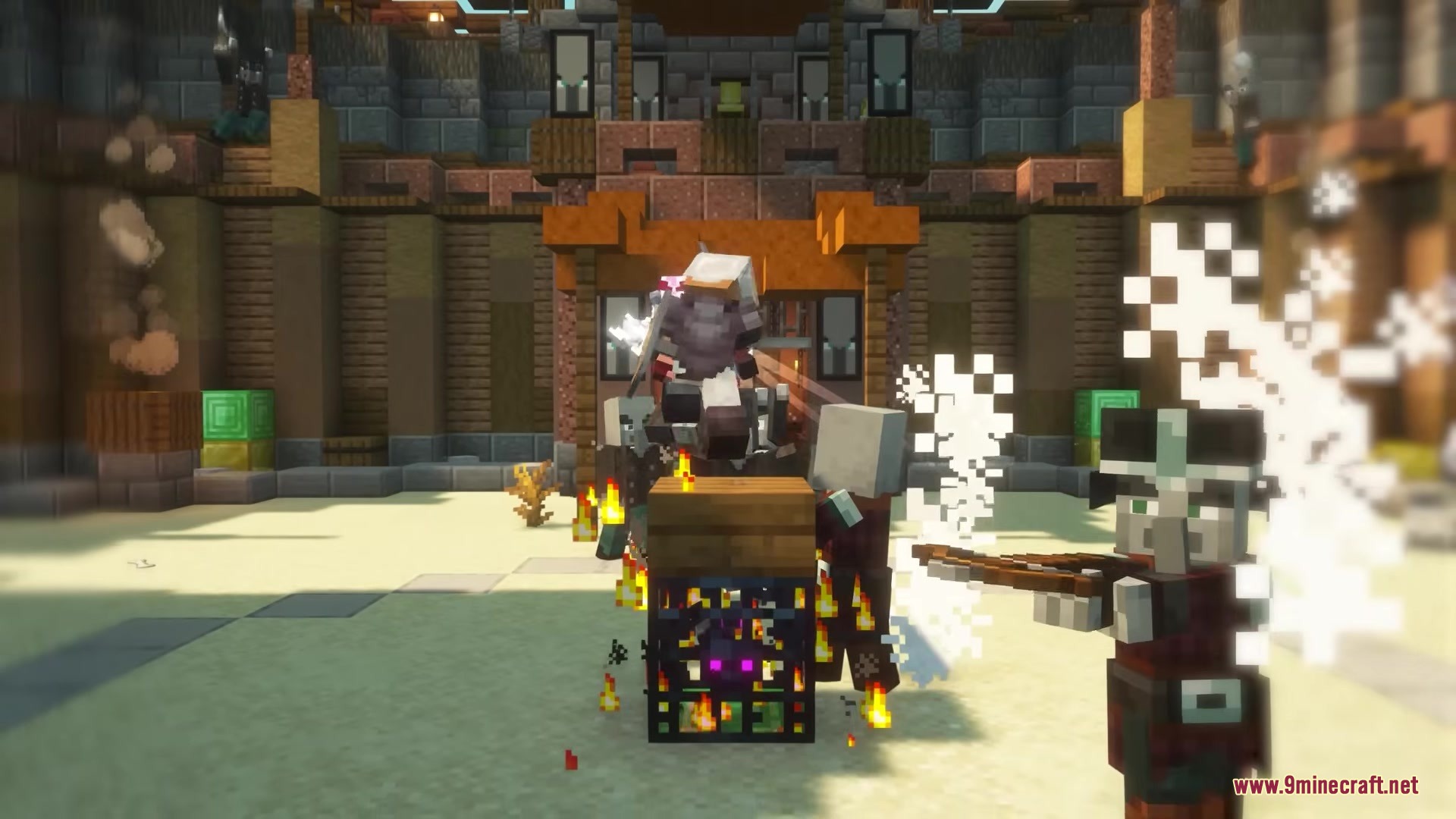 Illager Arena Mod Screenshot 5 Pillagers defend a flaming mob spawner inside the center of the desert arena