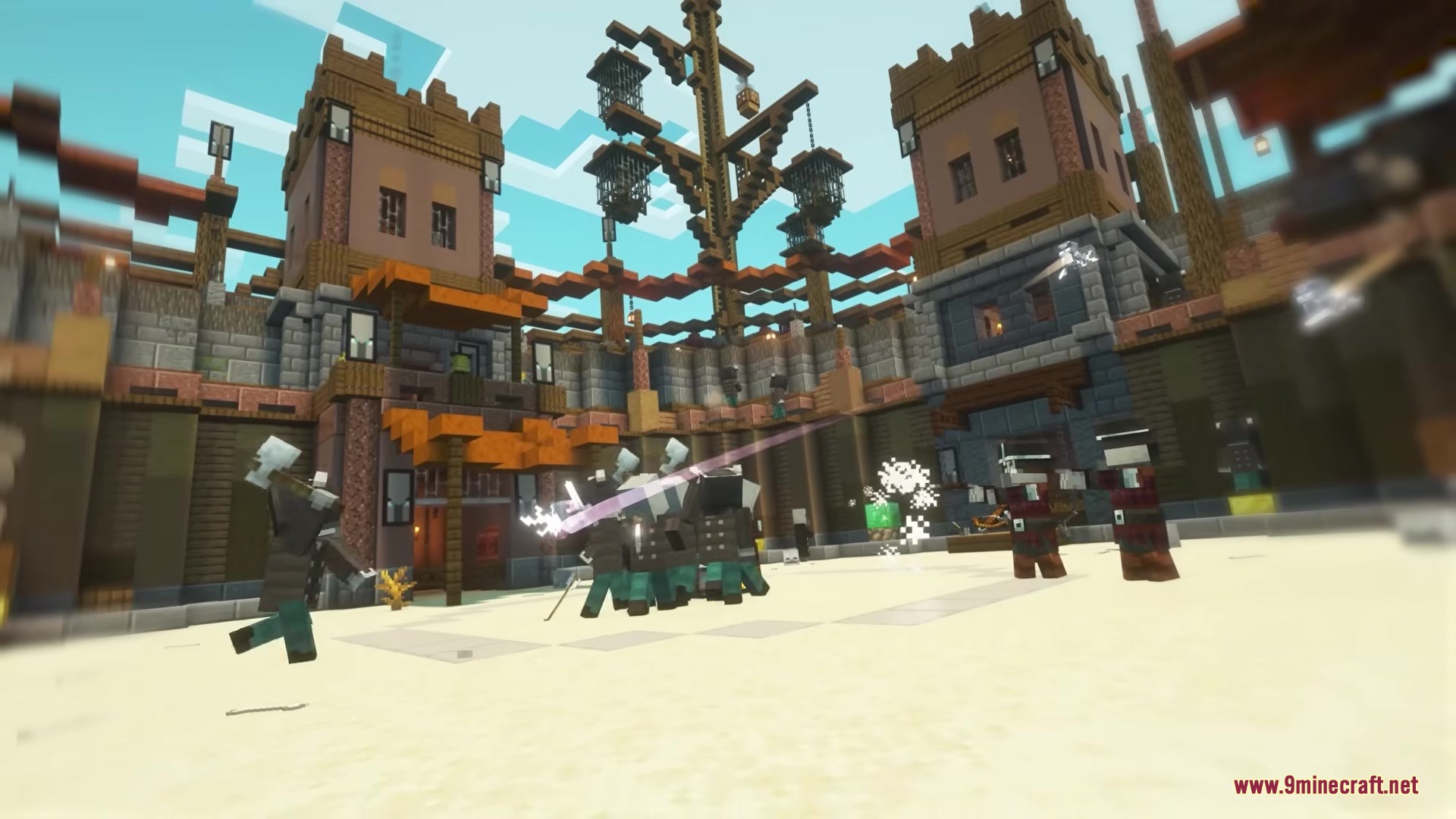 Illager Arena Mod Screenshot 6 Illagers run across the sandy floor of a massive desert colosseum building