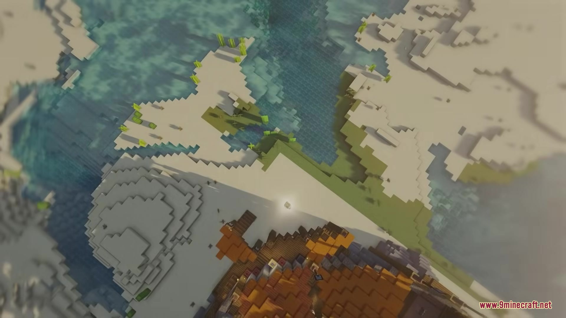 Illager Arena Mod Screenshot 7 Top down perspective of a desert landscape near a large body of water