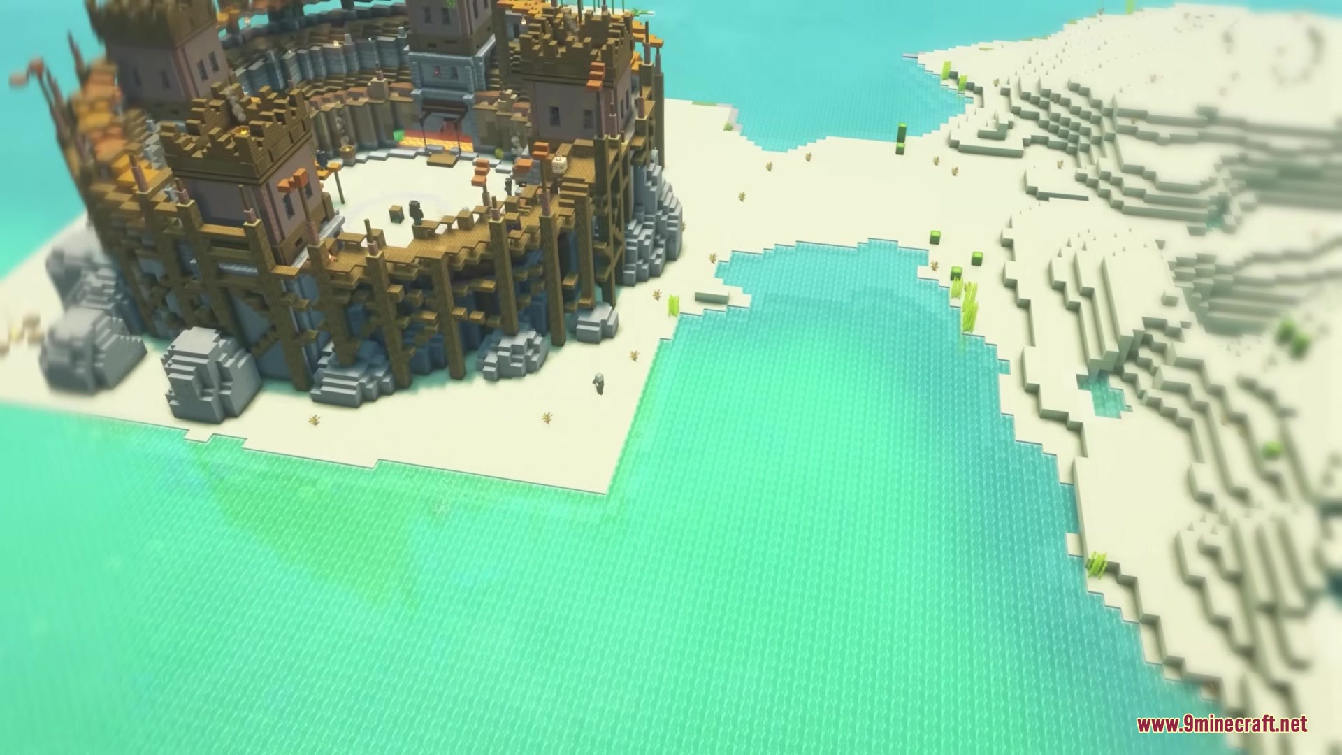 Illager Arena Mod Screenshot 8 A massive wooden colosseum structure built on a desert island in the ocean