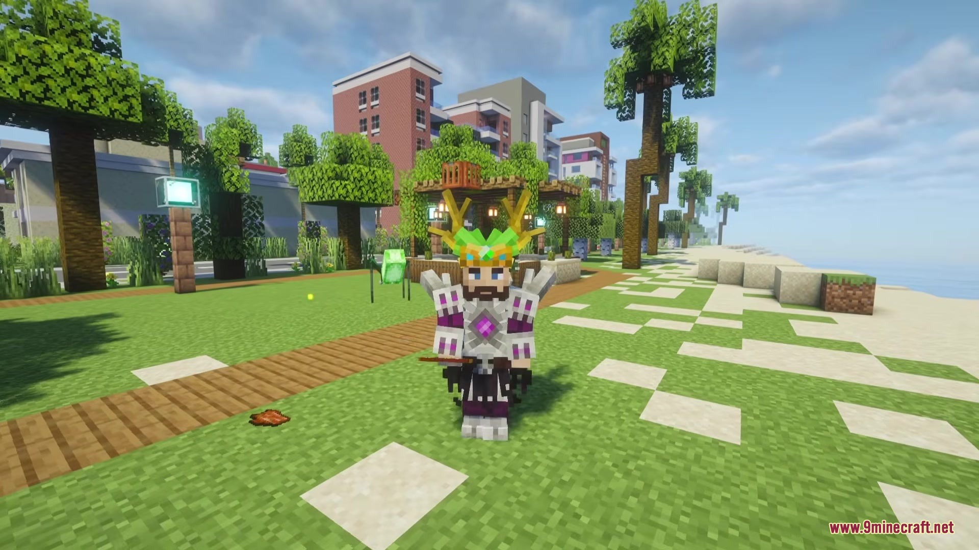 Illager Gloom Raiders Mod Screenshot 1 Player wearing unique purple armor and a green crown in a modern city