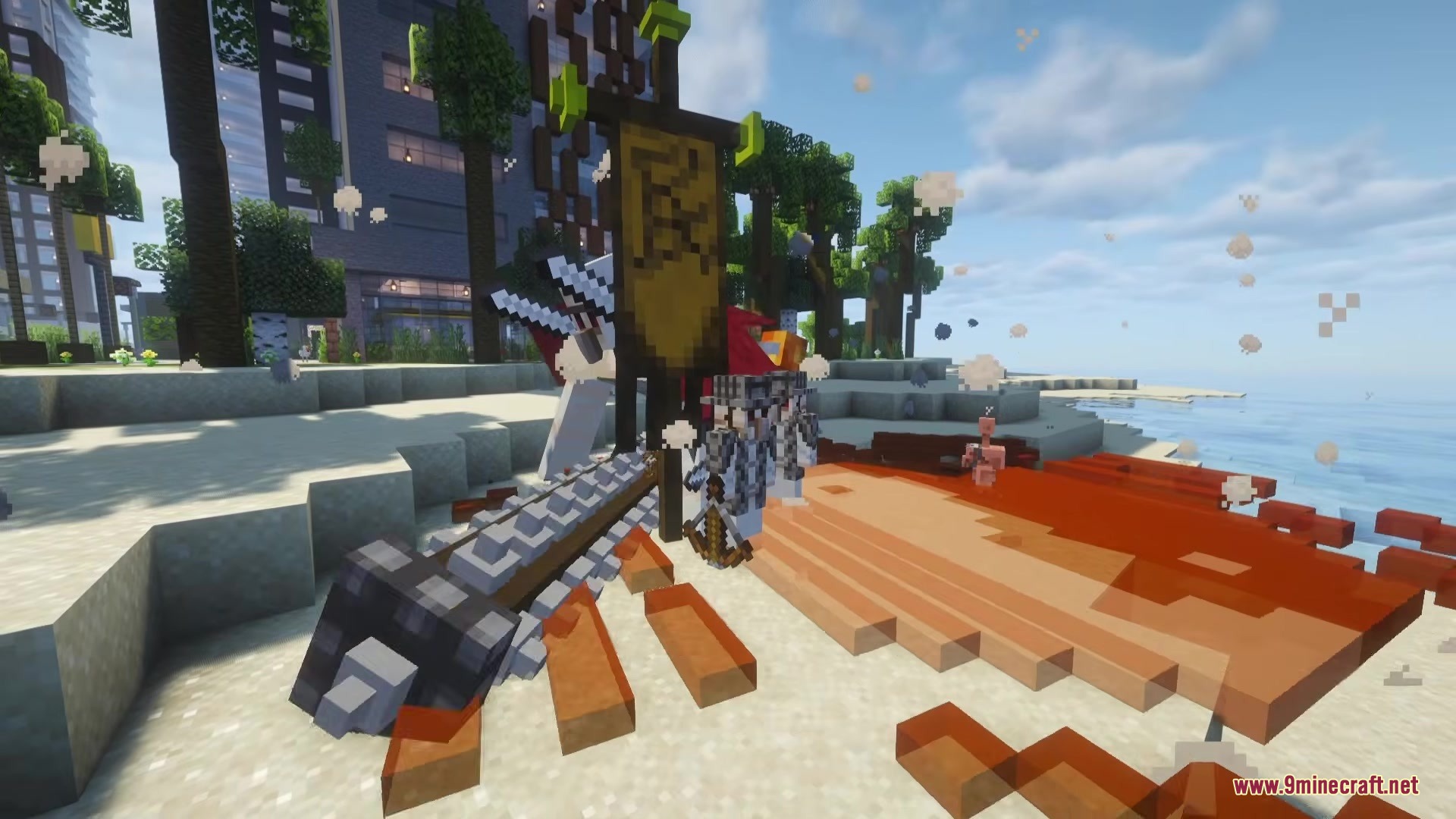 Illager Gloom Raiders Mod Screenshot 10 Illager raiders standing near a large banner and a cannon on the beach