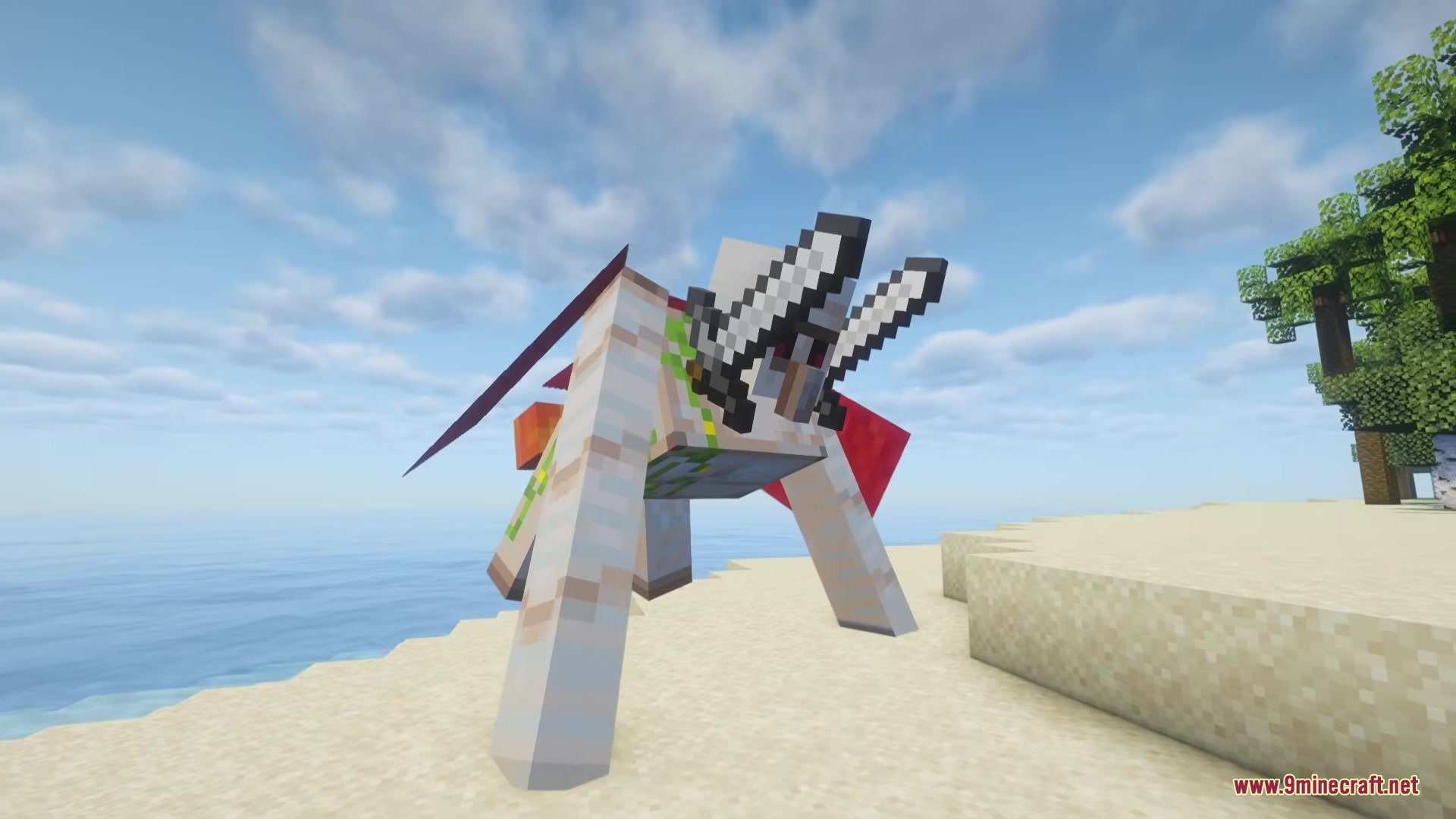 Illager Gloom Raiders Mod Screenshot 11 The Snowman Armor creature with dual swords standing on a sandy beach