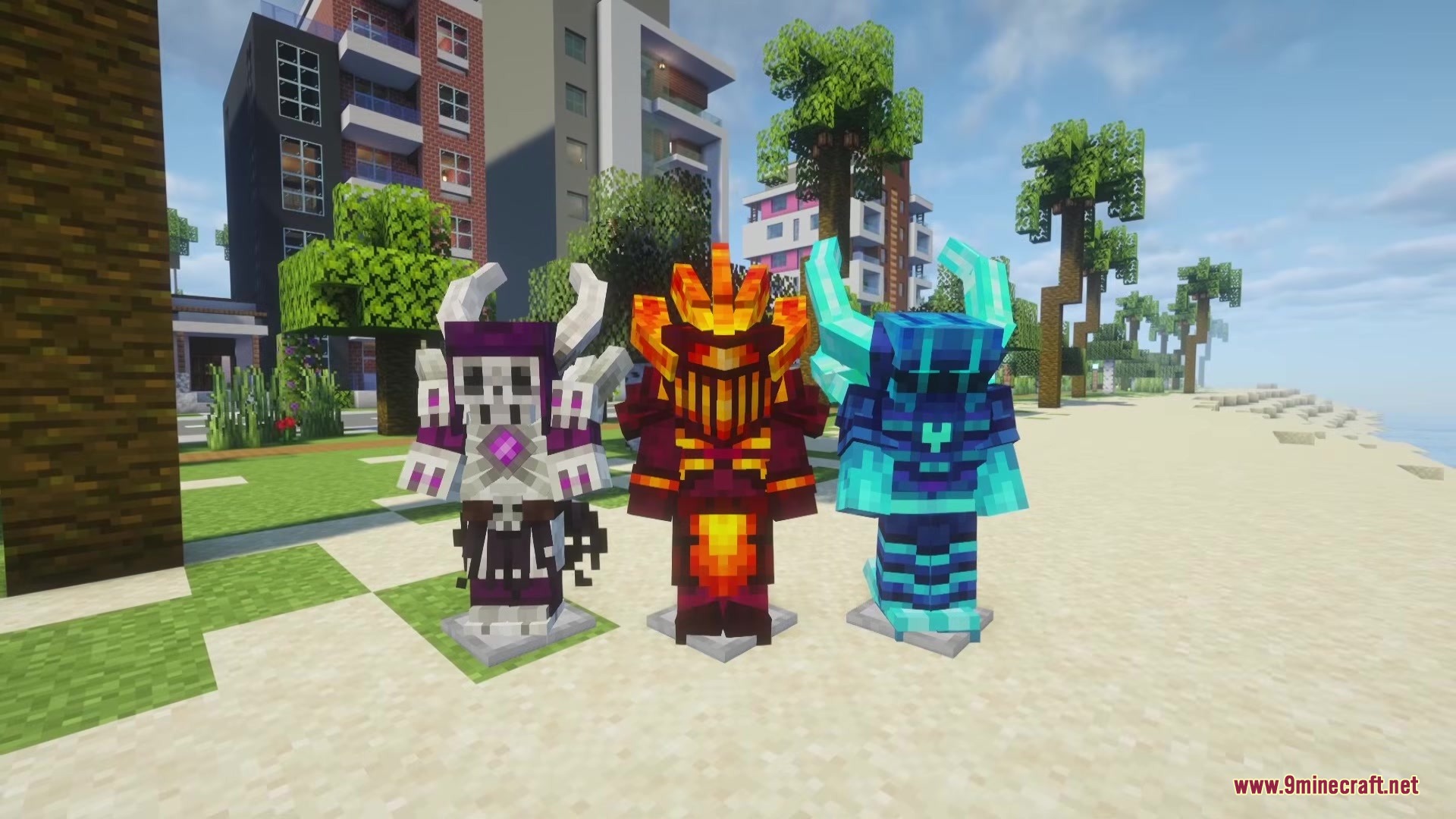 Illager Gloom Raiders Mod Screenshot 2 Three sets of colorful custom armor displayed on stands near a beach