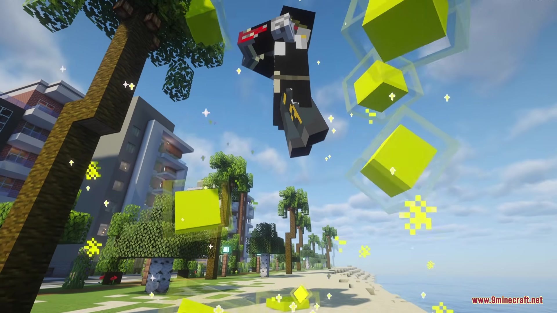 Illager Gloom Raiders Mod Screenshot 3 A dark boss character jumps through the air surrounded by glowing yellow cubes