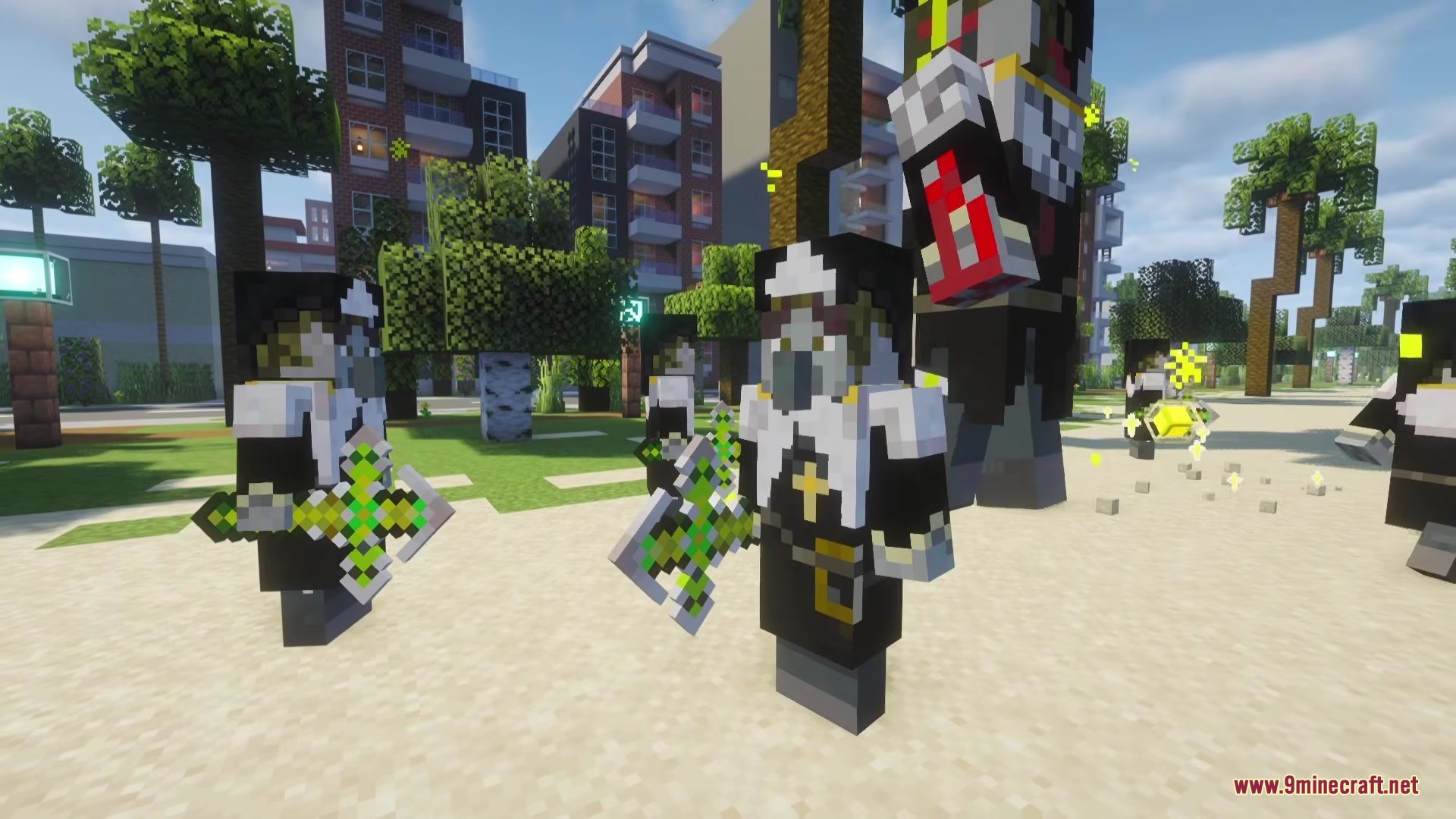 Illager Gloom Raiders Mod Screenshot 4 Several Nun raid leaders stand on a beach holding glowing green cross weapons