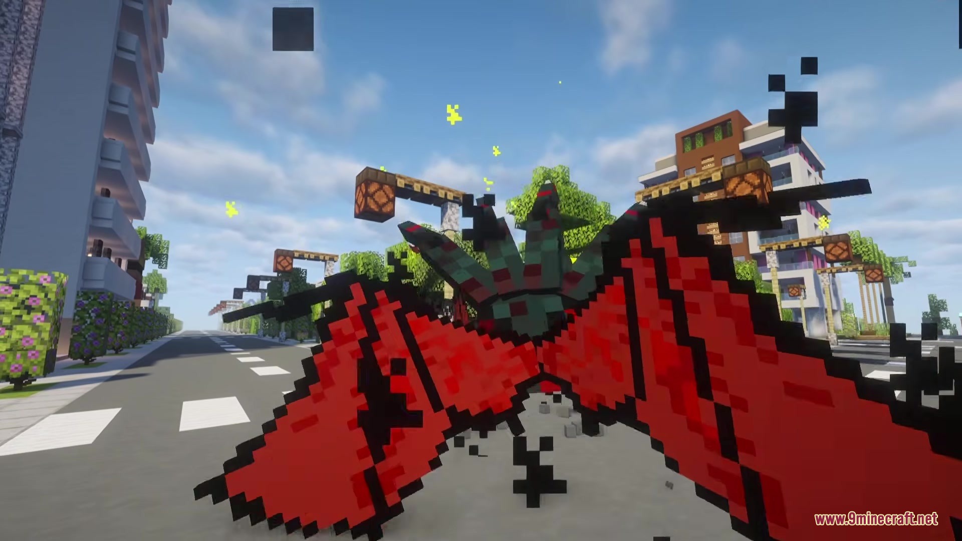 Illager Gloom Raiders Mod Screenshot 5 The Earl raid leader with massive red wings stands on a city street