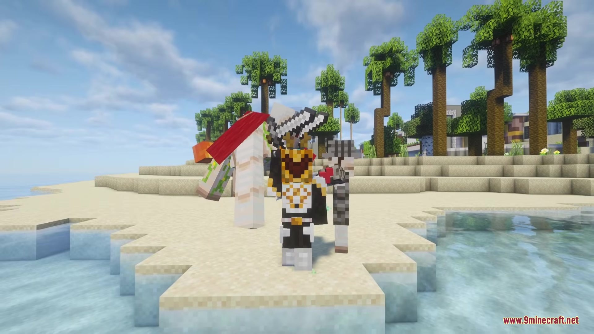 Illager Gloom Raiders Mod Screenshot 6 A player wearing custom armor stands on a beach with an Iron Golem