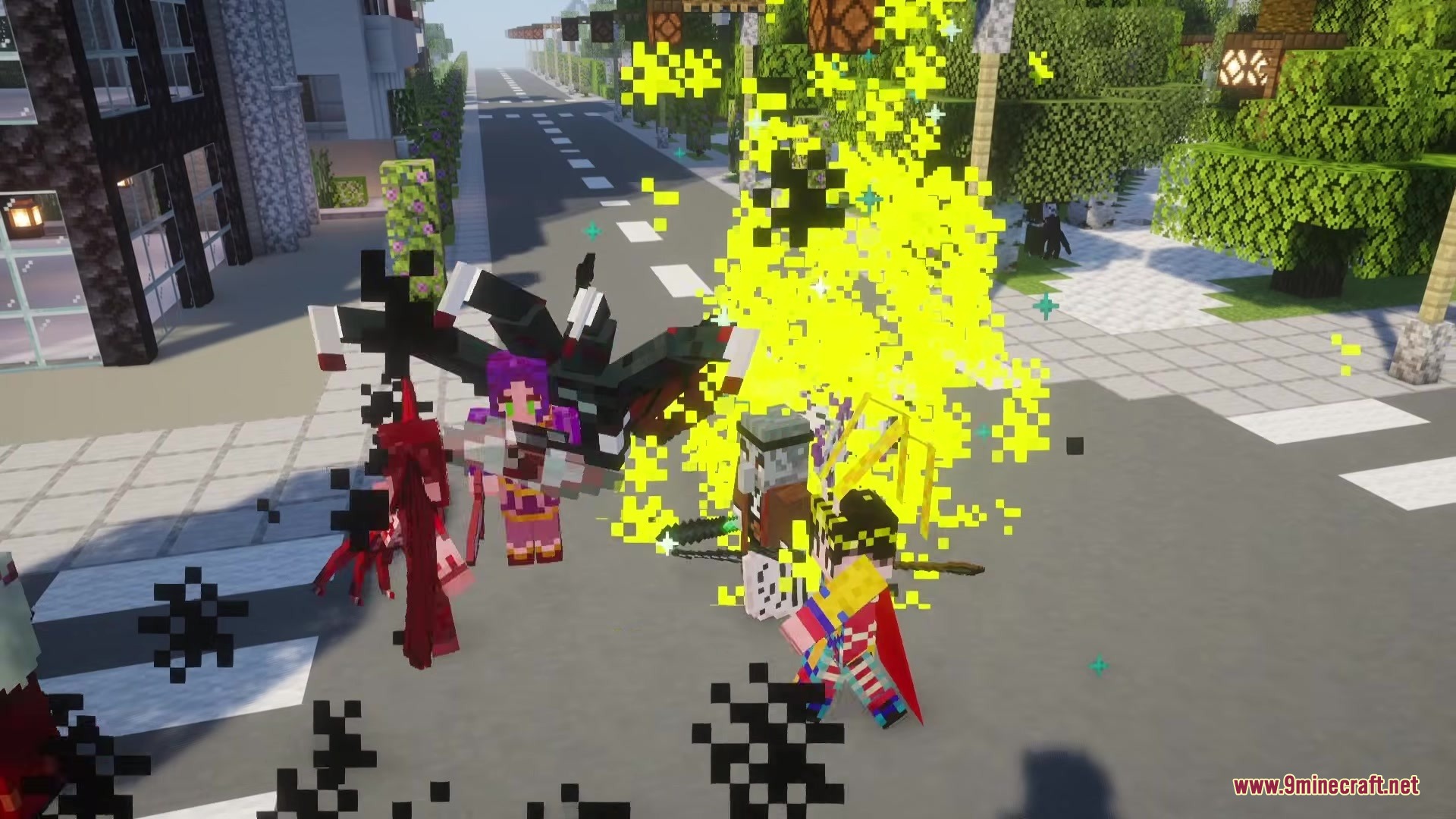 Illager Gloom Raiders Mod Screenshot 7 Unique raid leaders engage in a magical battle on a city street