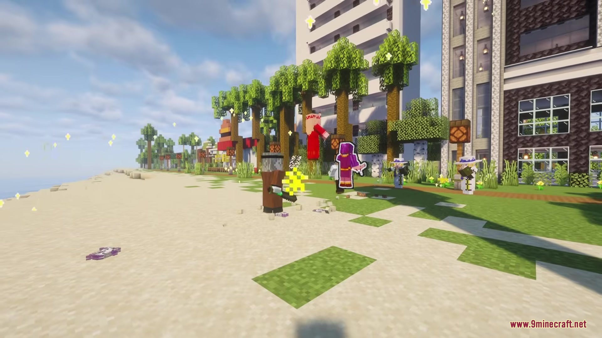Illager Gloom Raiders Mod Screenshot 9 Custom raid leaders like the Nun and Spellsword standing on a beach near buildings
