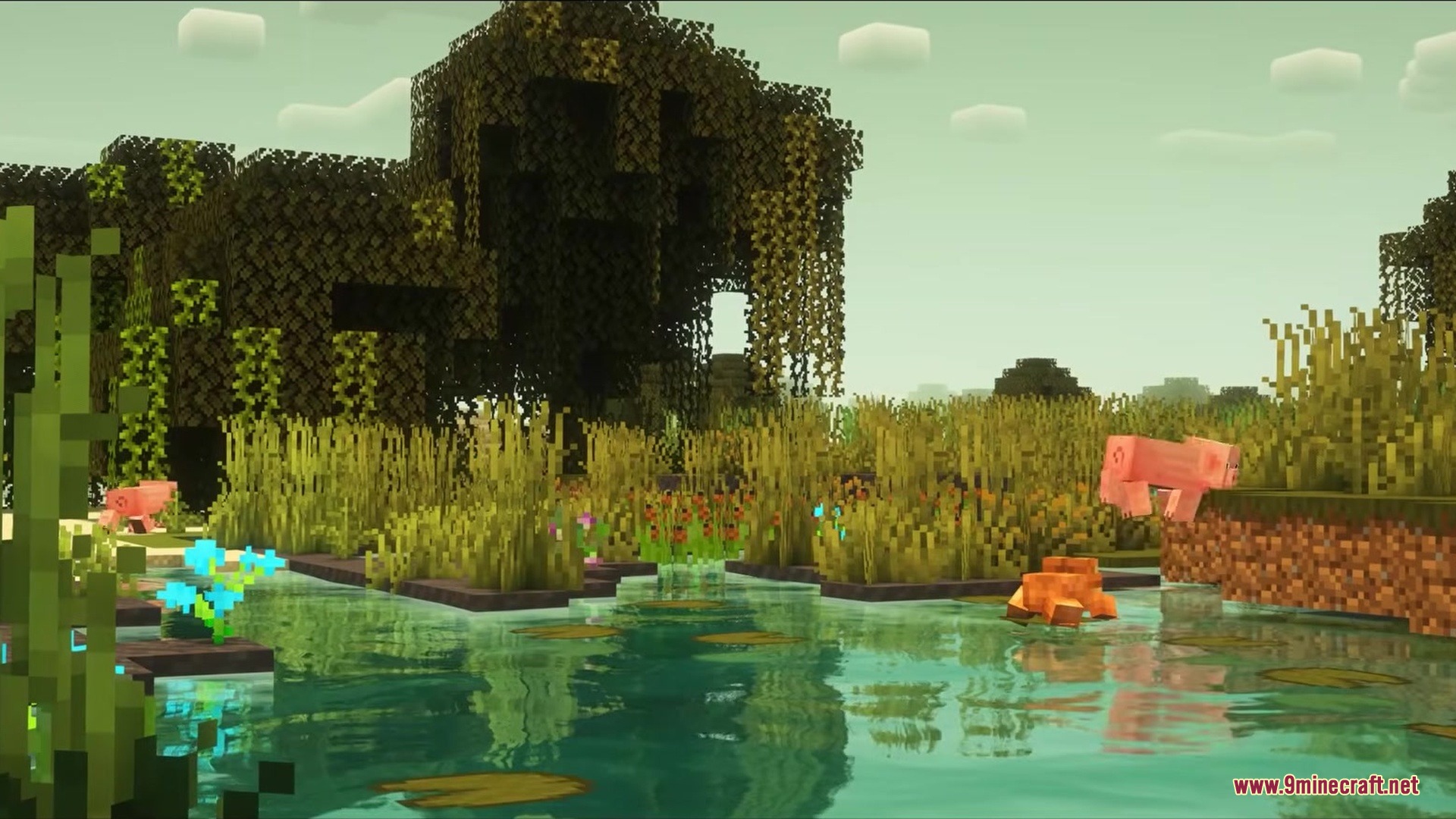 Impillagers Mod Screenshot 1 A scenic swamp landscape with large trees and pigs near the water